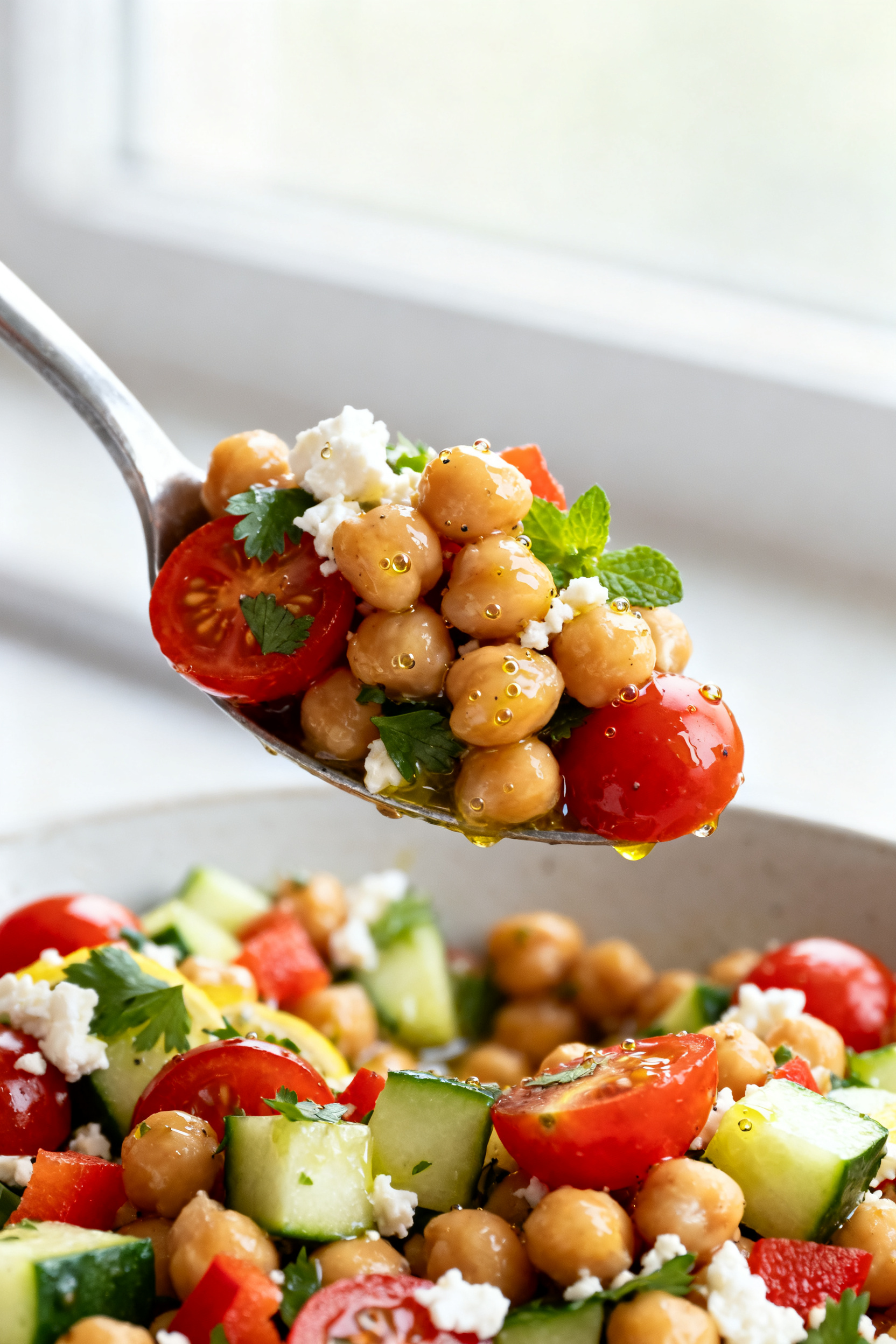 Close-up detail: A heaping spoonful of prepared Mediterranean Chickpea Salad being lifted from a bow
