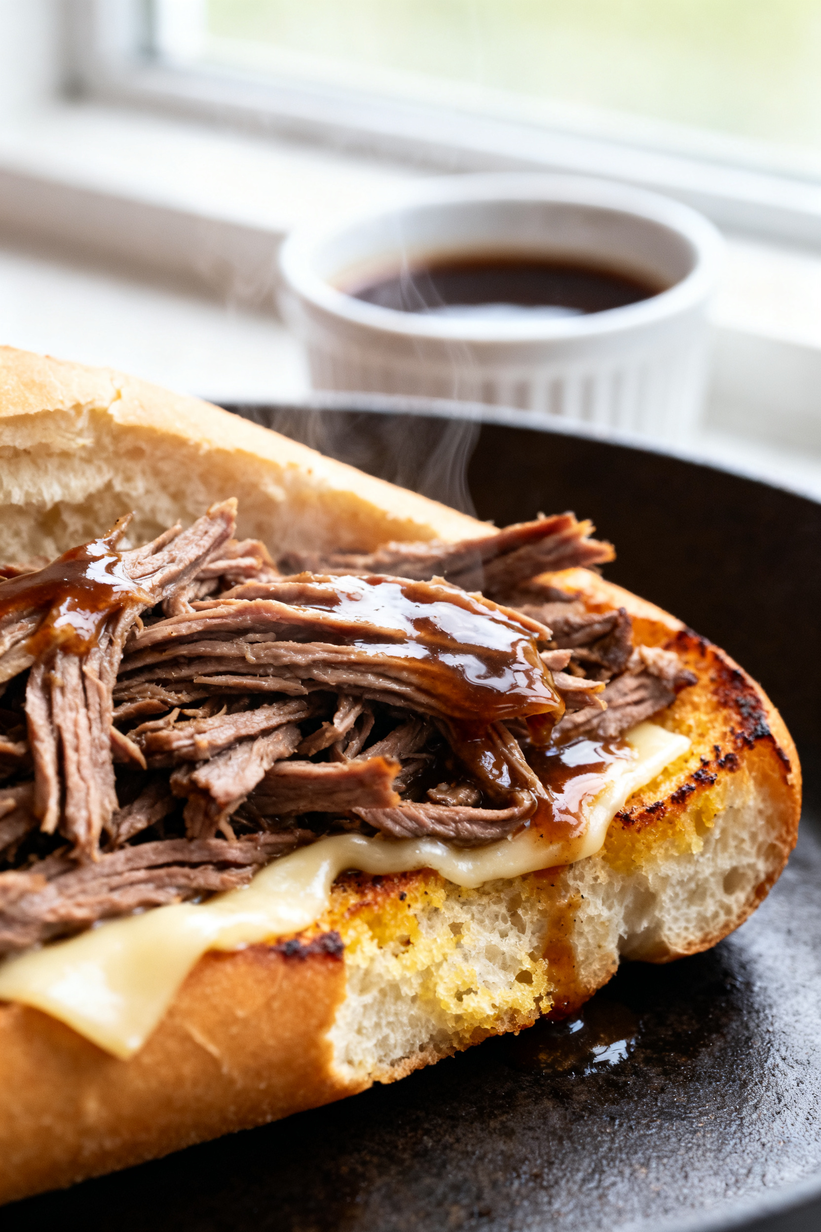 Leftover Roast Beef — Easy 10-Minute French Dip Sandwiches Close-up detail: A just-assembled French dip sandwich on a toasted hoagie roll, thin ribbons of left