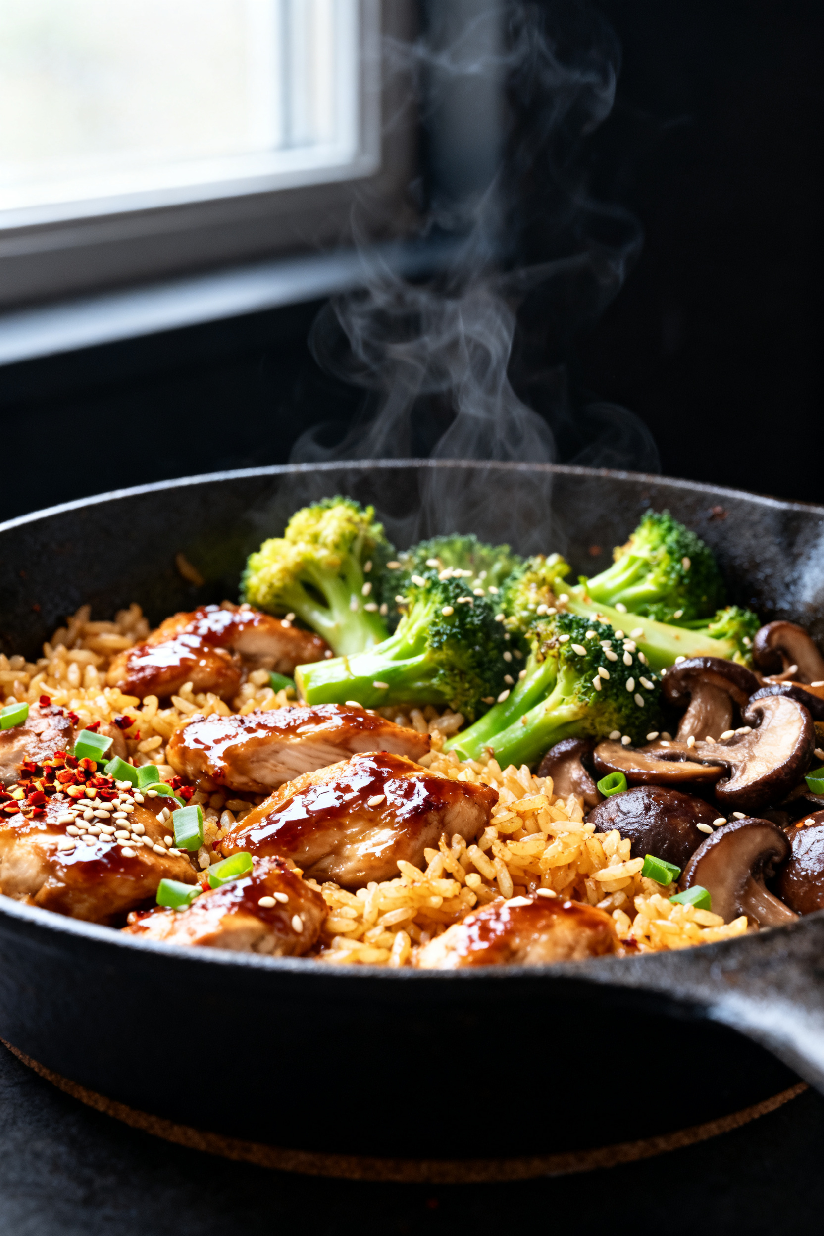 Leftover Dinner Ideas — Your Fridge Looks Empty? Make This - A Flexible, Flavor-Packed Skillet Close-up detail: A sizzling one-pan leftover skillet mid-cook in a well-seasoned cast-iron, showing