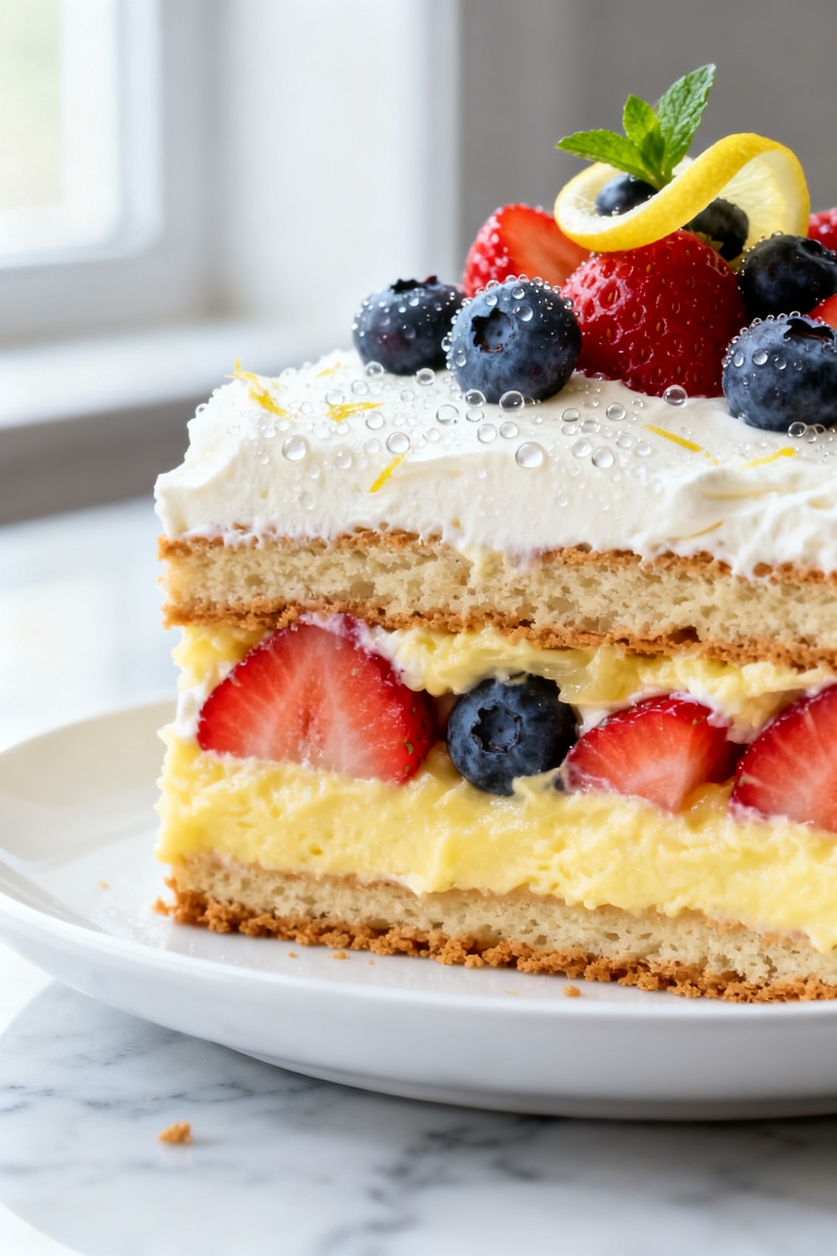 Close-up detail: A slice of no-bake berry lemon icebox cake just out of the pan, showing distinct so