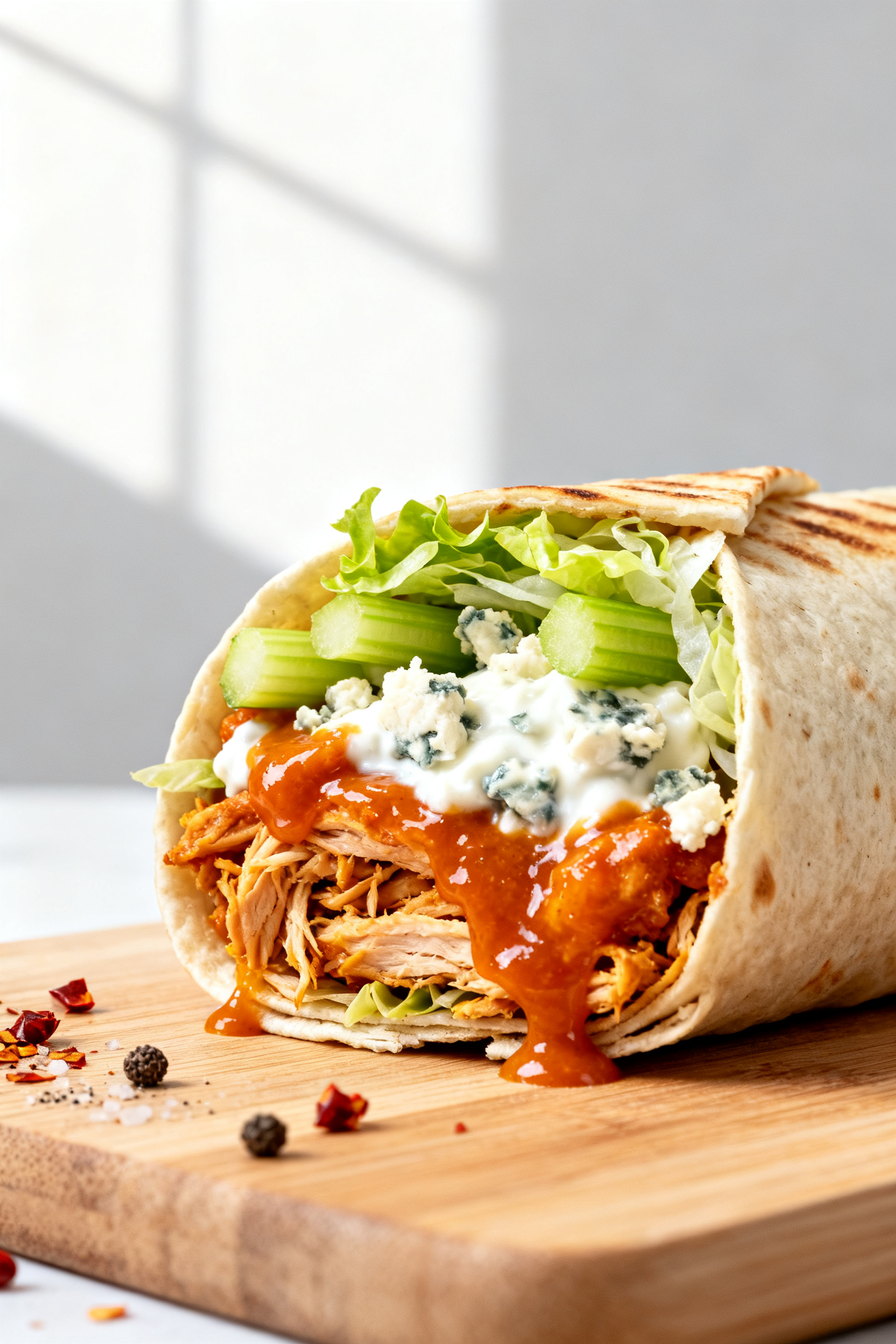 Close-up detail: Buffalo Chicken Wrap being sliced seam-side-down after a quick toast, showing gloss