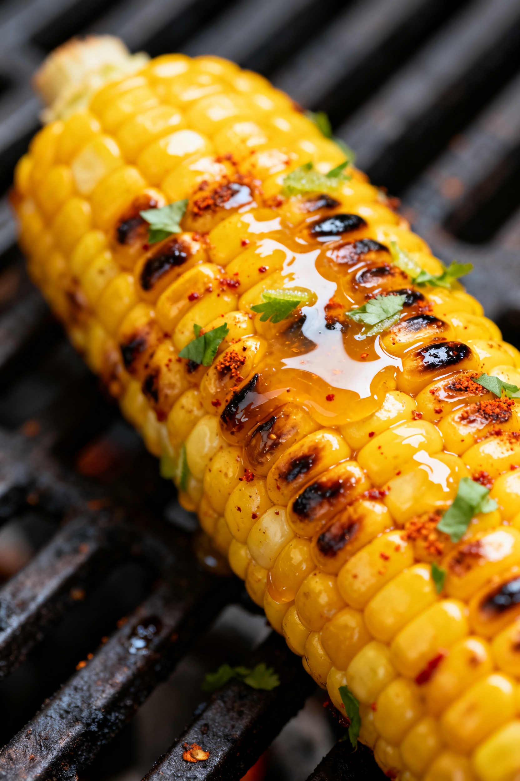 Close-up detail: Charred grilled corn brushed with glossy chili-lime butter, shimmering melted butte
