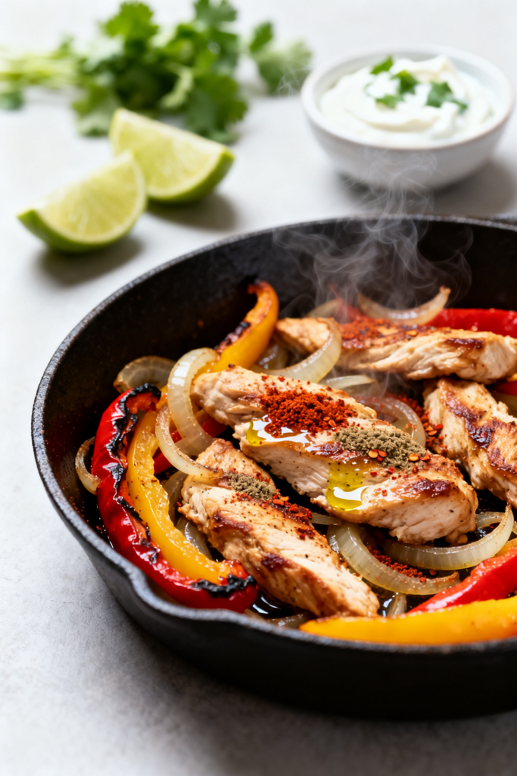 One Bag Of Groceries. All Week Long. → Leftover Chicken Recipes — One Bag All Week Long - Simple, Flexible, Budget-Friendly Close-up detail: Chicken fajita skillet sizzling in a cast-iron pan, showing tender seared strips of