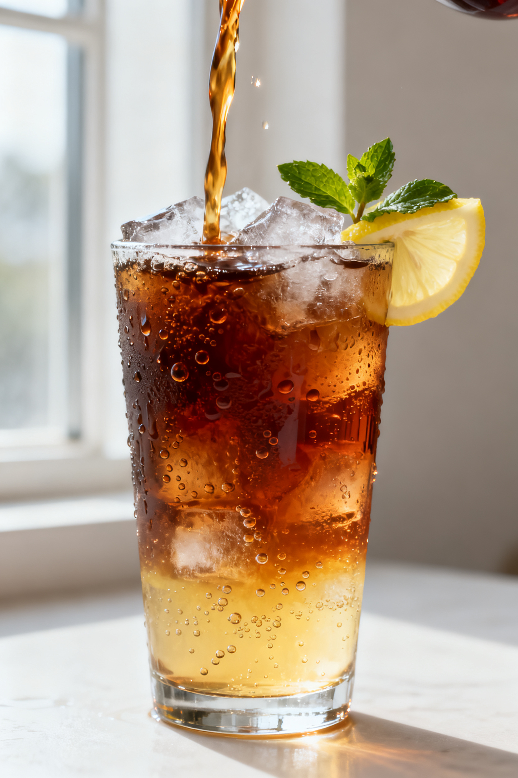 Close-up detail: Chilled glass packed with frosty ice as strong black tea is poured over it, amber t