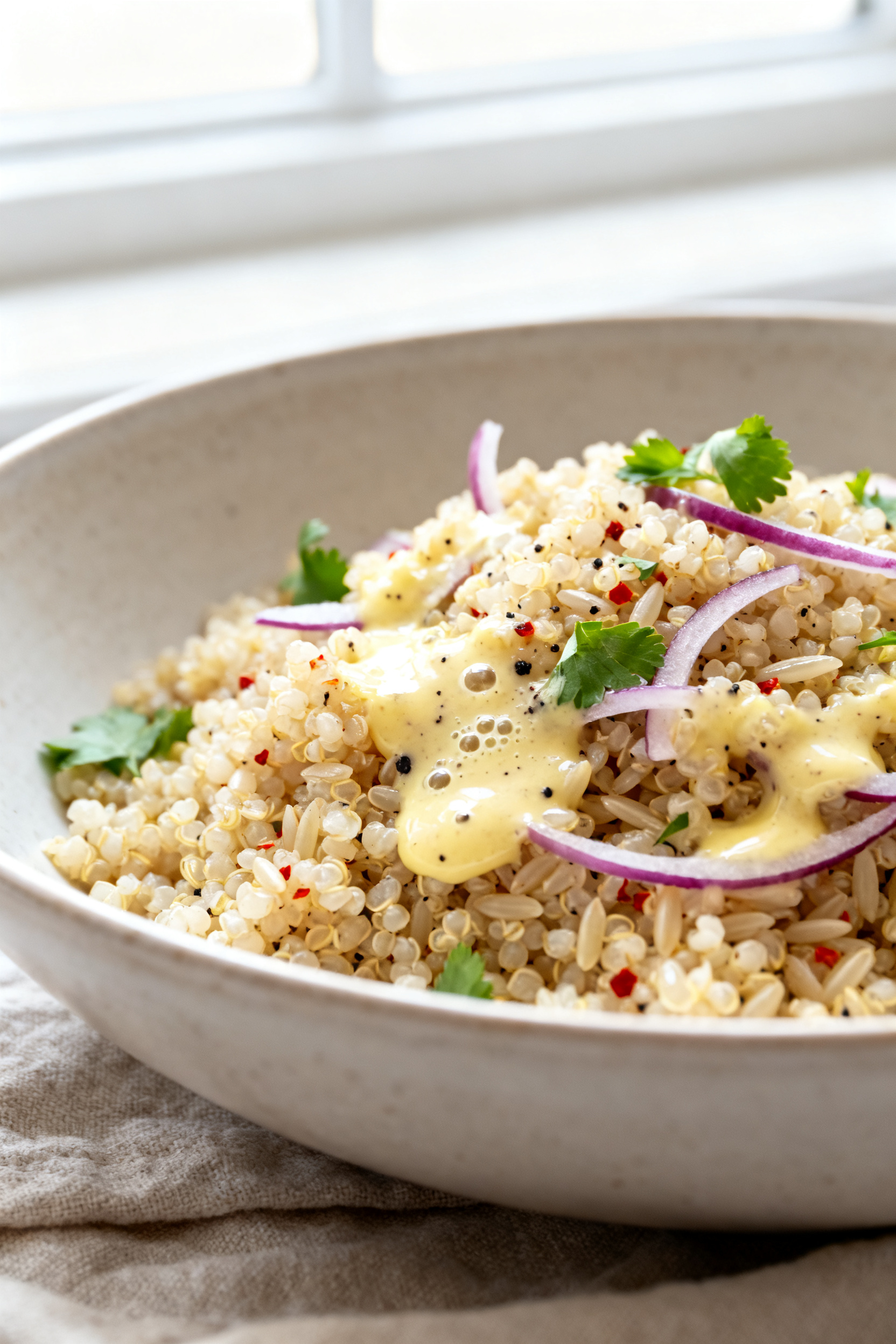 Summer Dinner — Leftover Shrimp Best Bowl in 15 Minutes - Fast, Fresh, and Flavor-Packed Close-up detail: Chilled grain base (fluffy quinoa and orzo mix) being tossed with silky lemon-garli