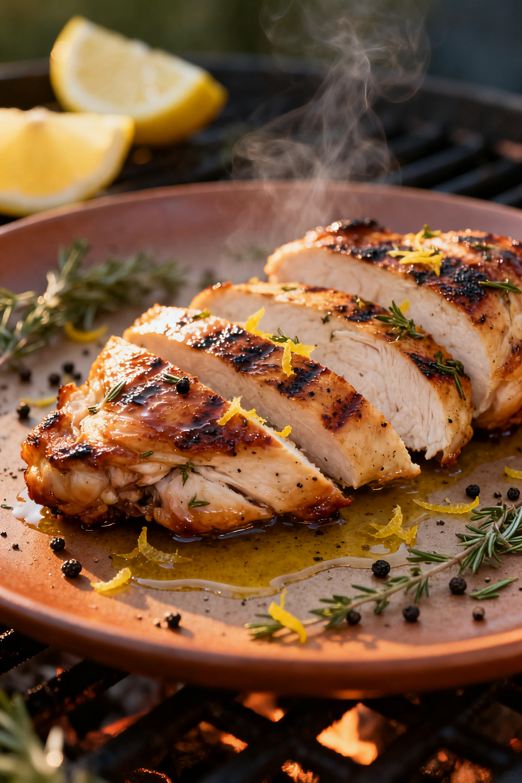 Close-up detail: Citrus-herb grilled chicken thighs just off the grill, sliced and fanned on a warm 