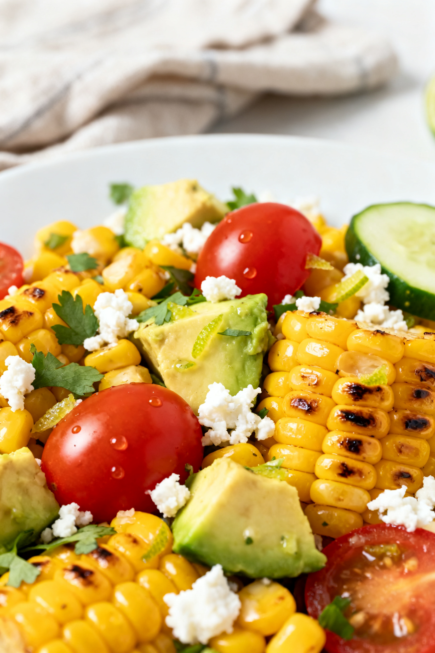 Close-up detail — Creamy avocado and cotija finish: Macro, close-up of the finished summer corn sa