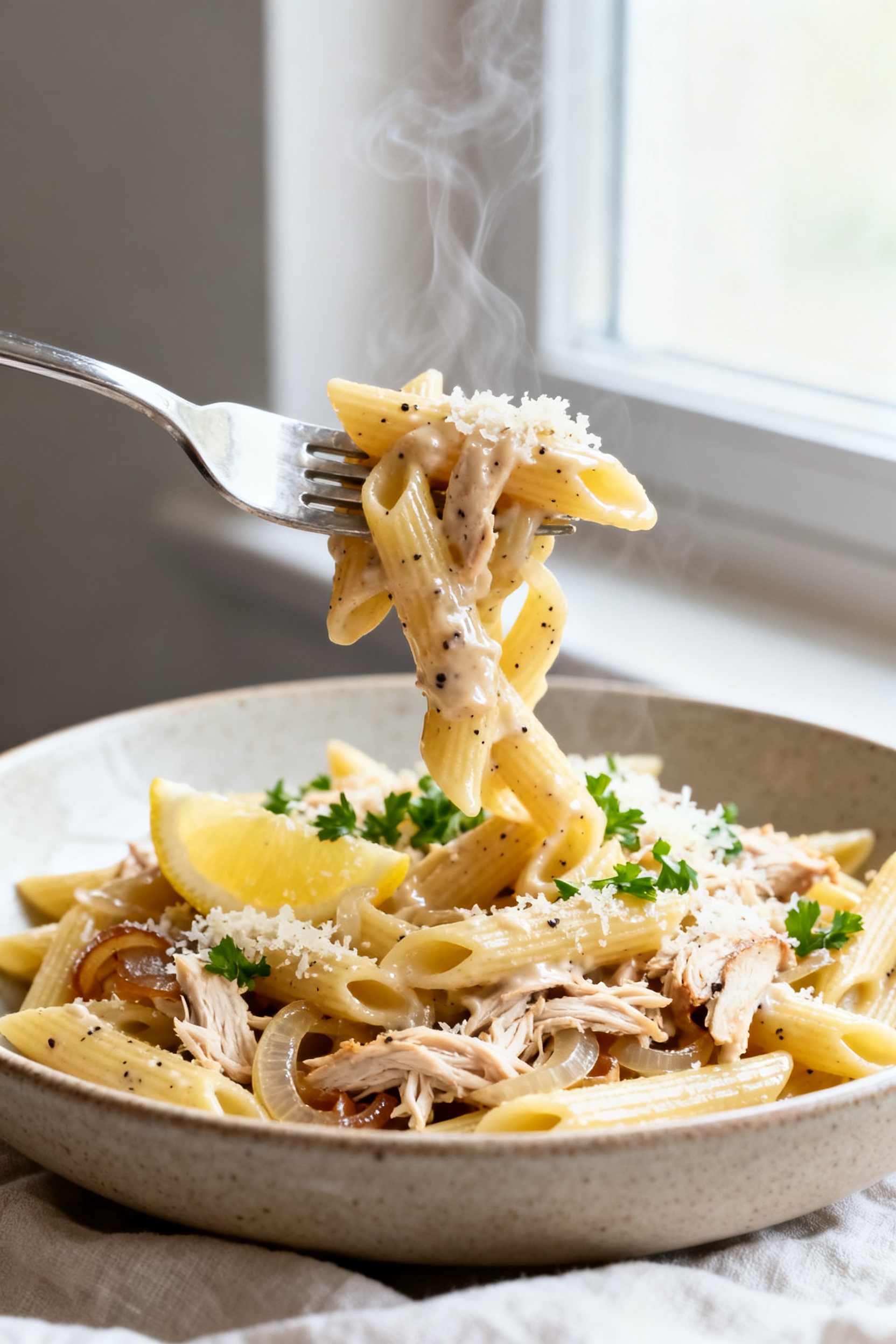 Close-up detail: Creamy Chicken Pasta twirled on a fork, glistening sauce clinging to penne with vis