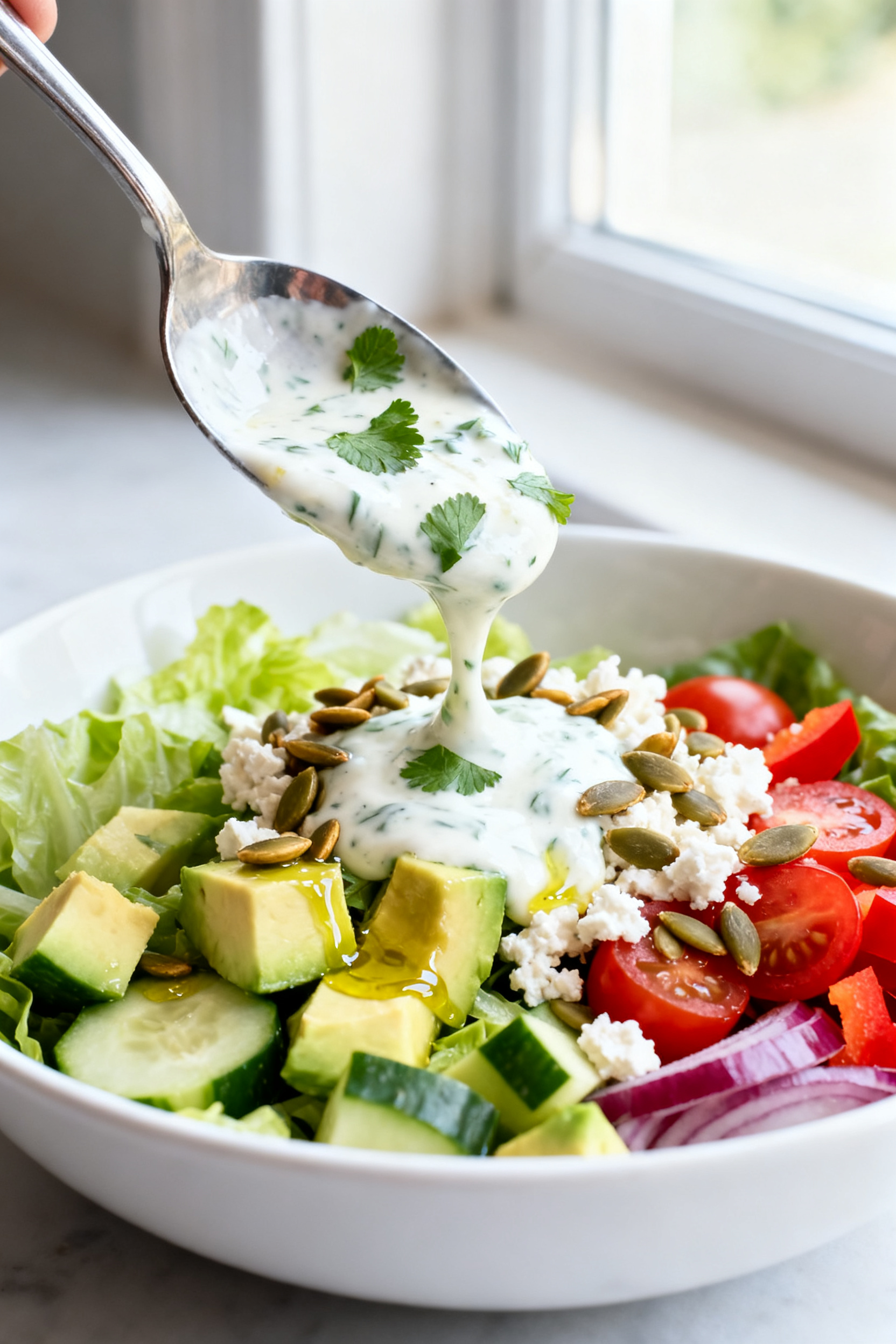 Close-up detail: Creamy lemon-herb Greek yogurt dressing being spooned over a chilled, fully assembl