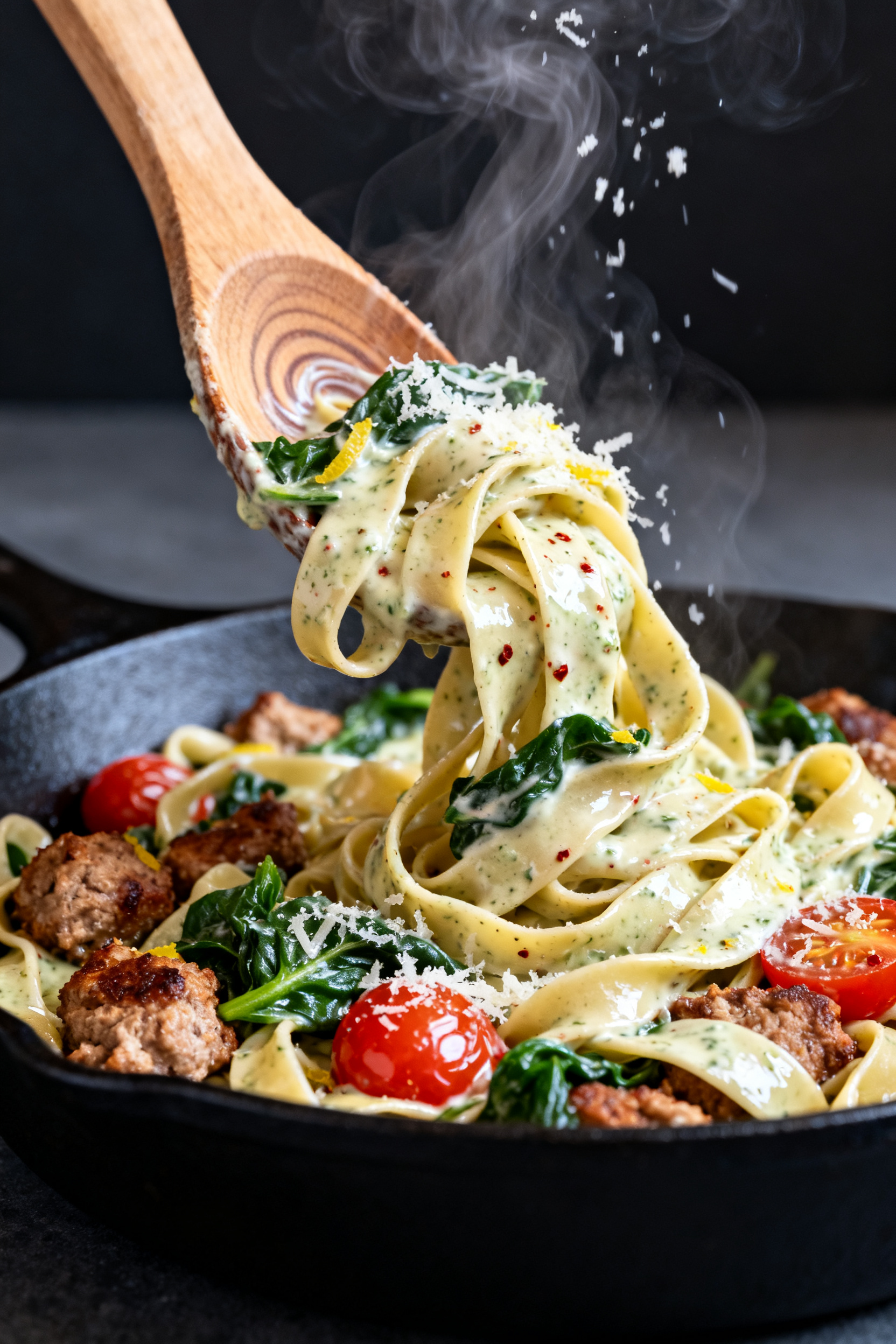 Close-up detail: Creamy Skillet Turkey Pasta mid-toss in a black skillet, glossy pasta ribbons coate