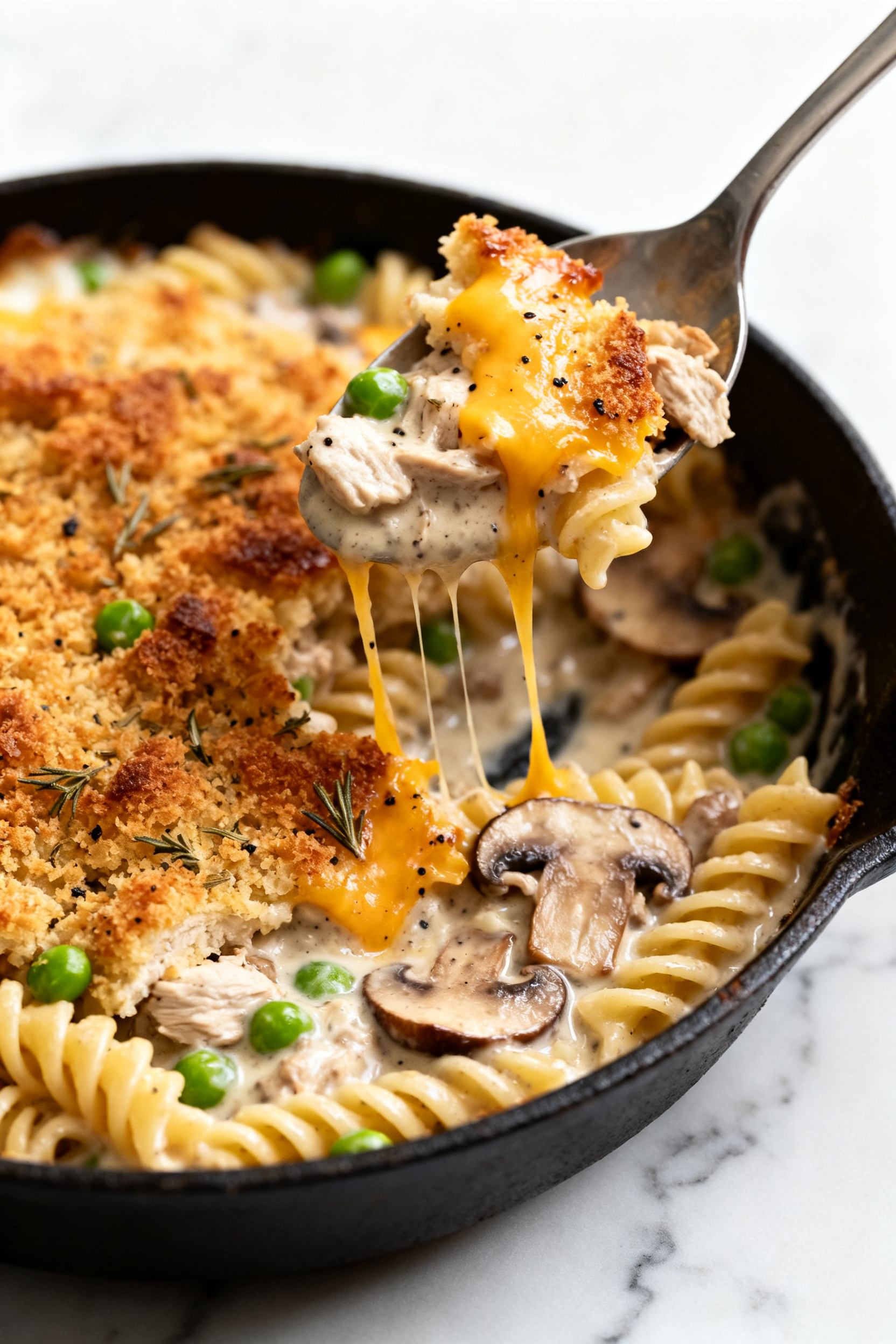 Don't Go to the Store — Use This → "Leftover Turkey Recipes — Don't Go to the Store" - Easy, Flavorful Ways to Use What You Have Close-up detail — creamy turkey skillet bake: Tight macro of a spoon scooping from a bubbling crea