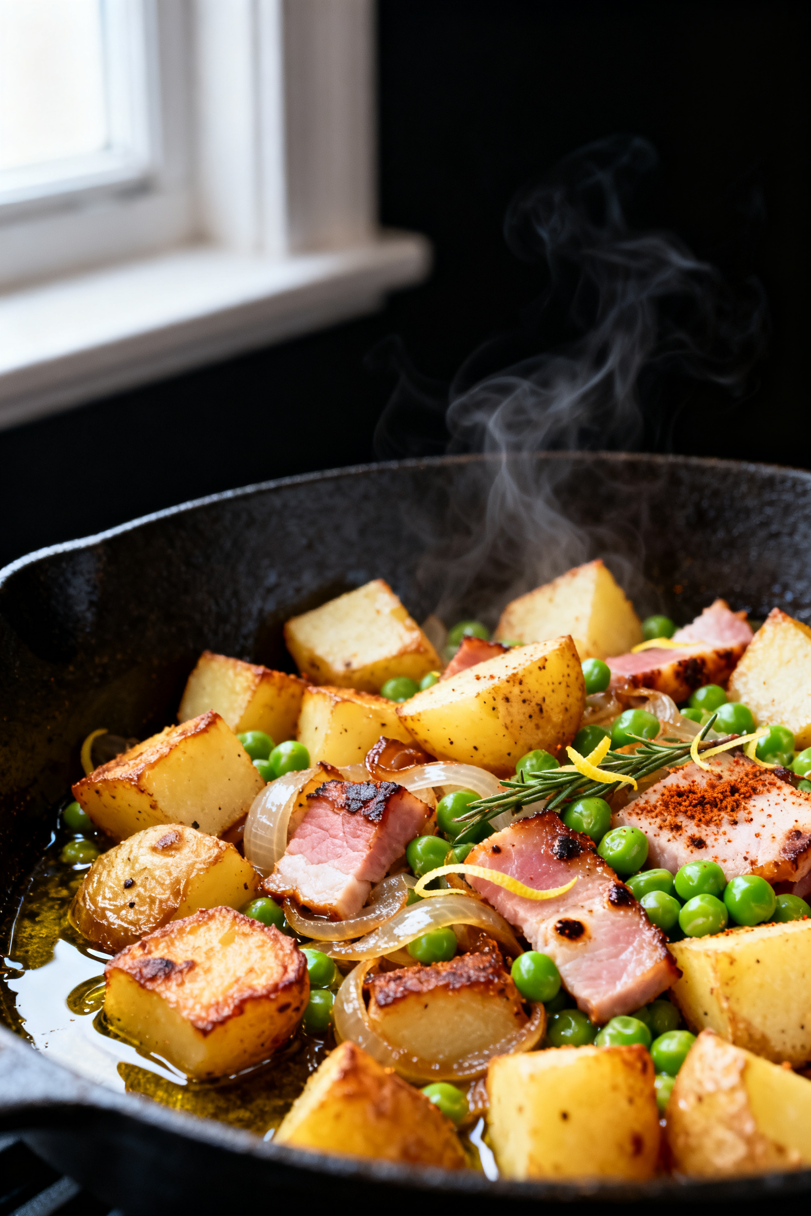 Close-up detail: Crispy-edged Yukon Gold potato and ham hash sizzling in a cast-iron skillet, showin