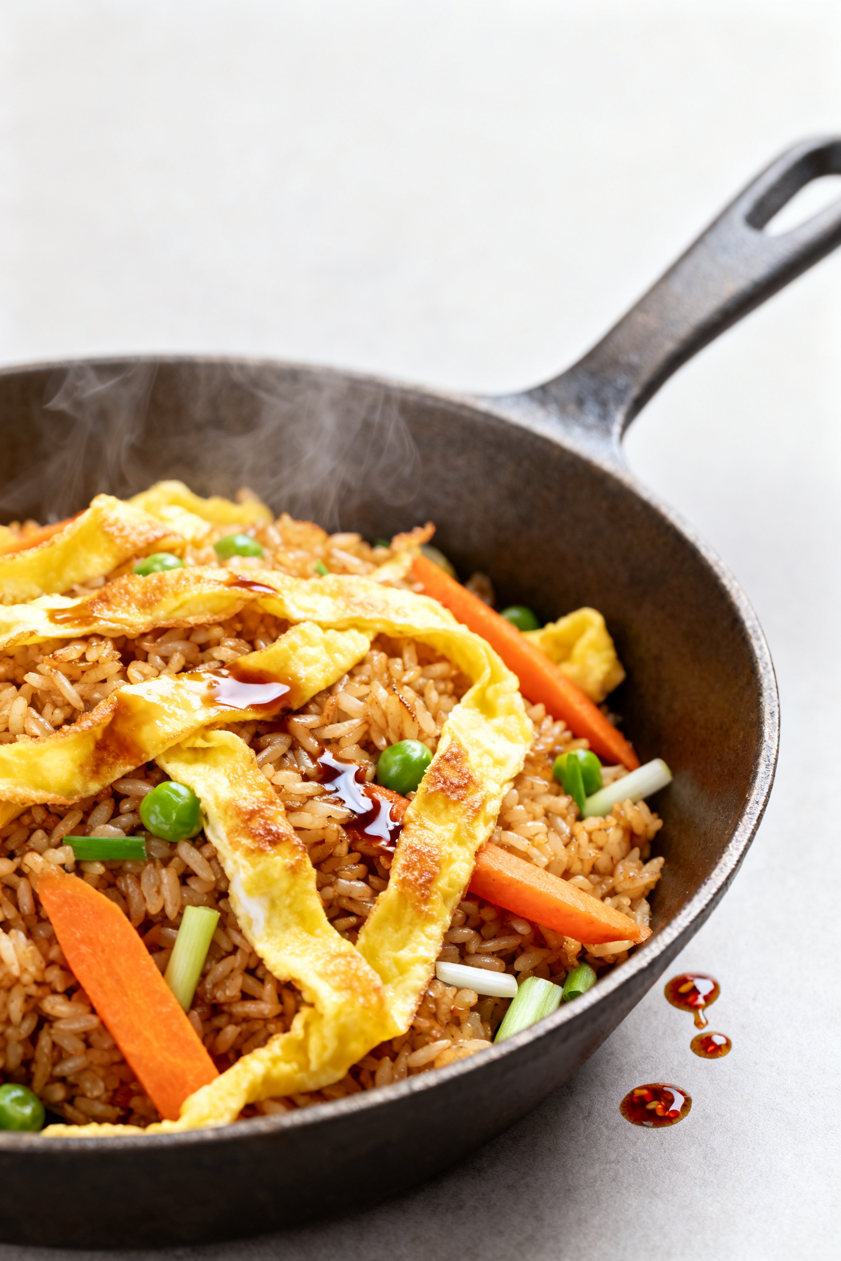 Close-up detail: Crispy fried rice bowl in a carbon-steel skillet, grains sizzling with golden-brown