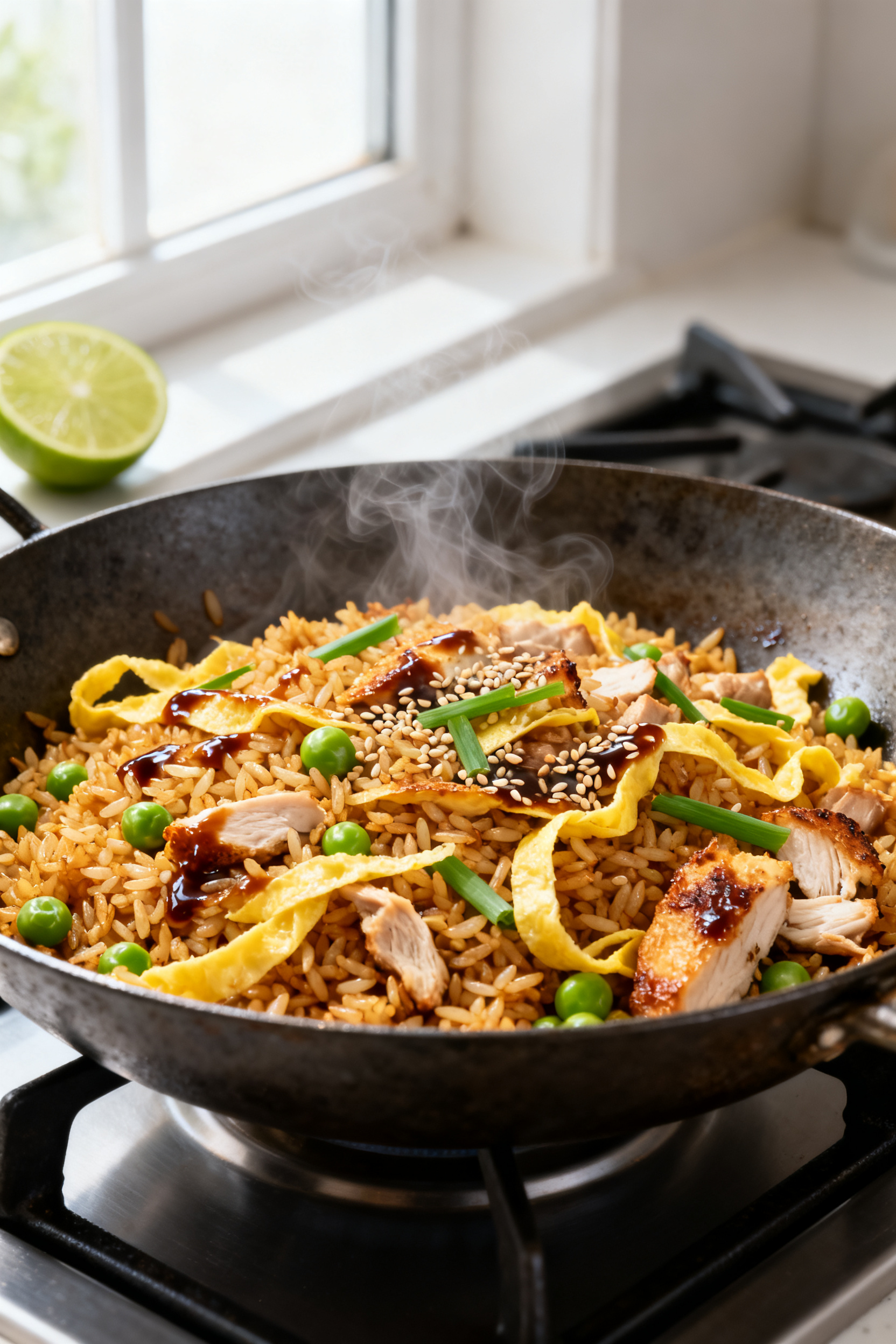 Close-up detail: Day-old fried rice-style skillet sizzling in a carbon-steel pan, showing toasty gol