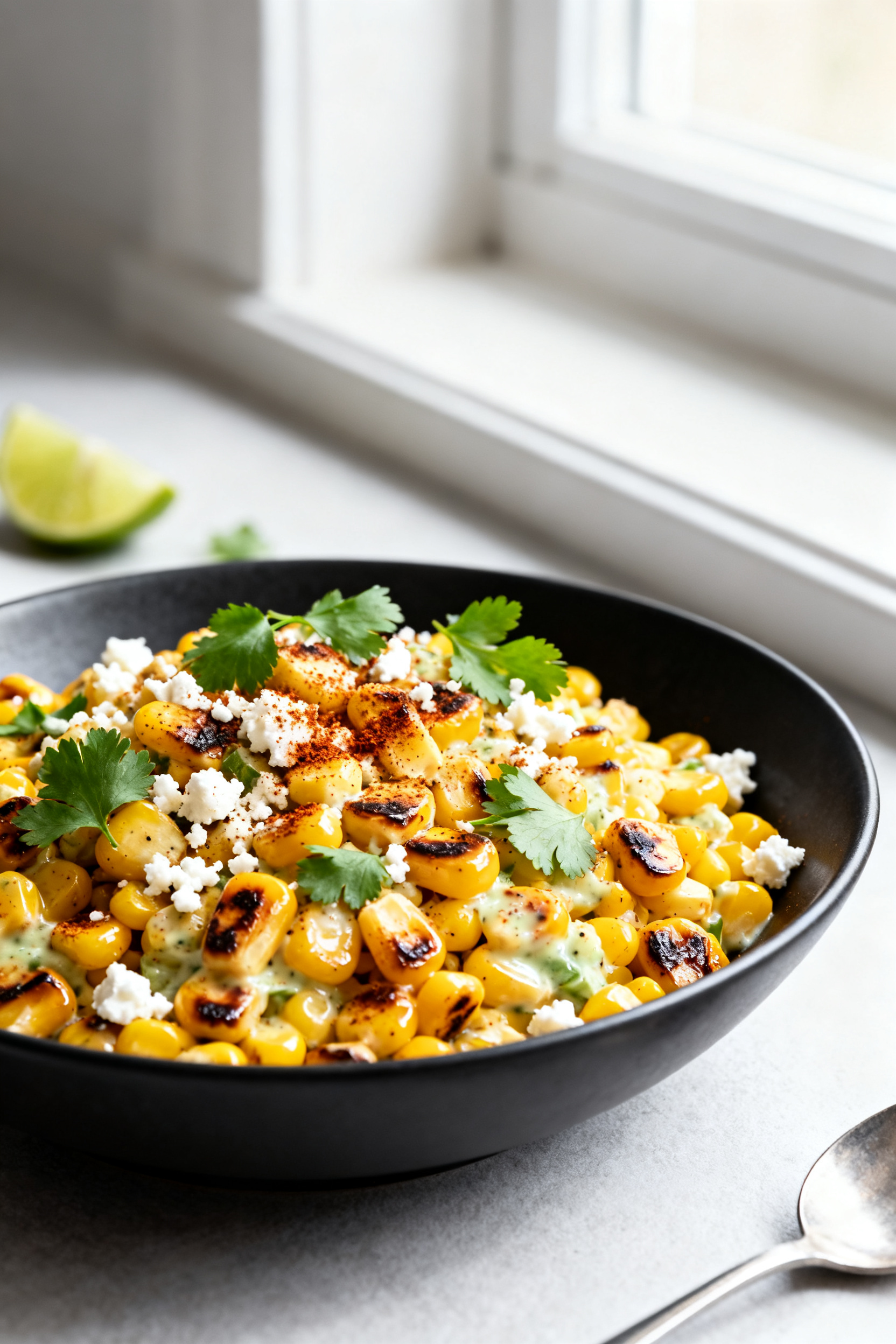 Close-up detail: Elote-style corn salad in a matte black shallow bowl, charred corn kernels glisteni