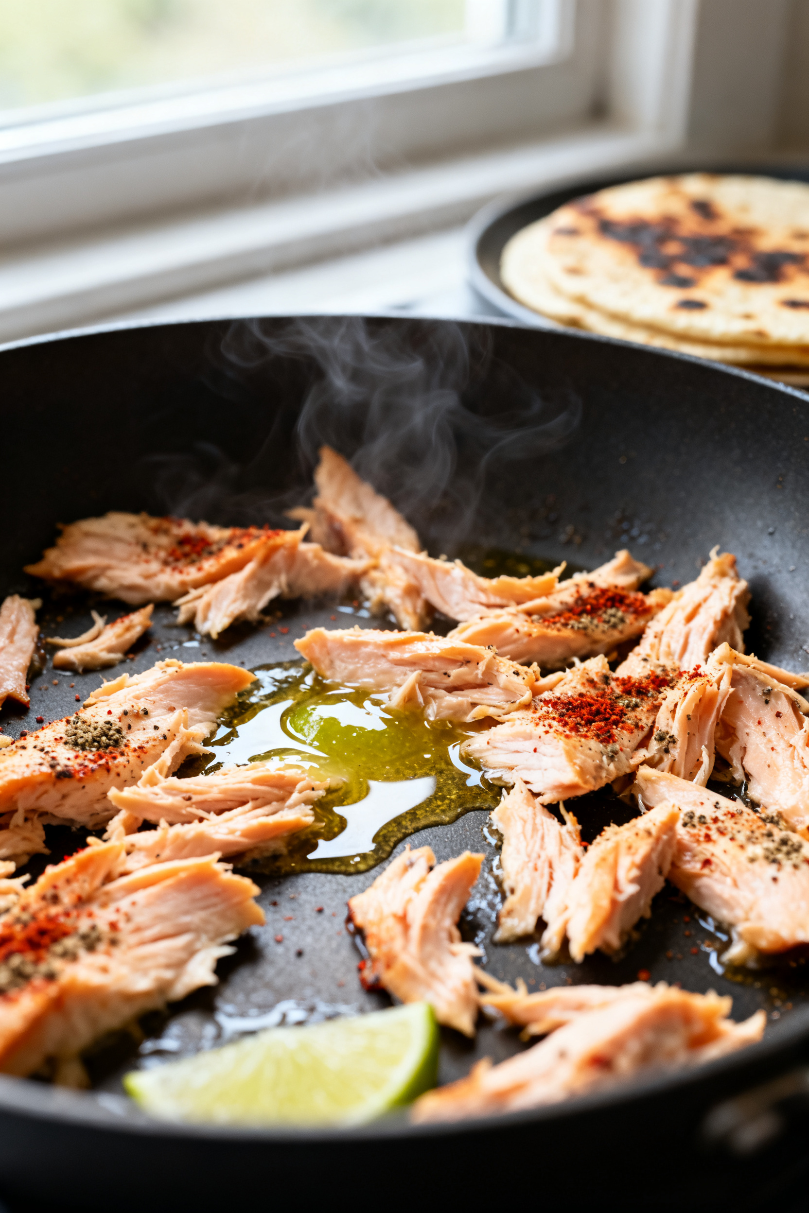 Close-up detail: Flaked leftover salmon just reheated in a nonstick skillet, lightly glossy from a t