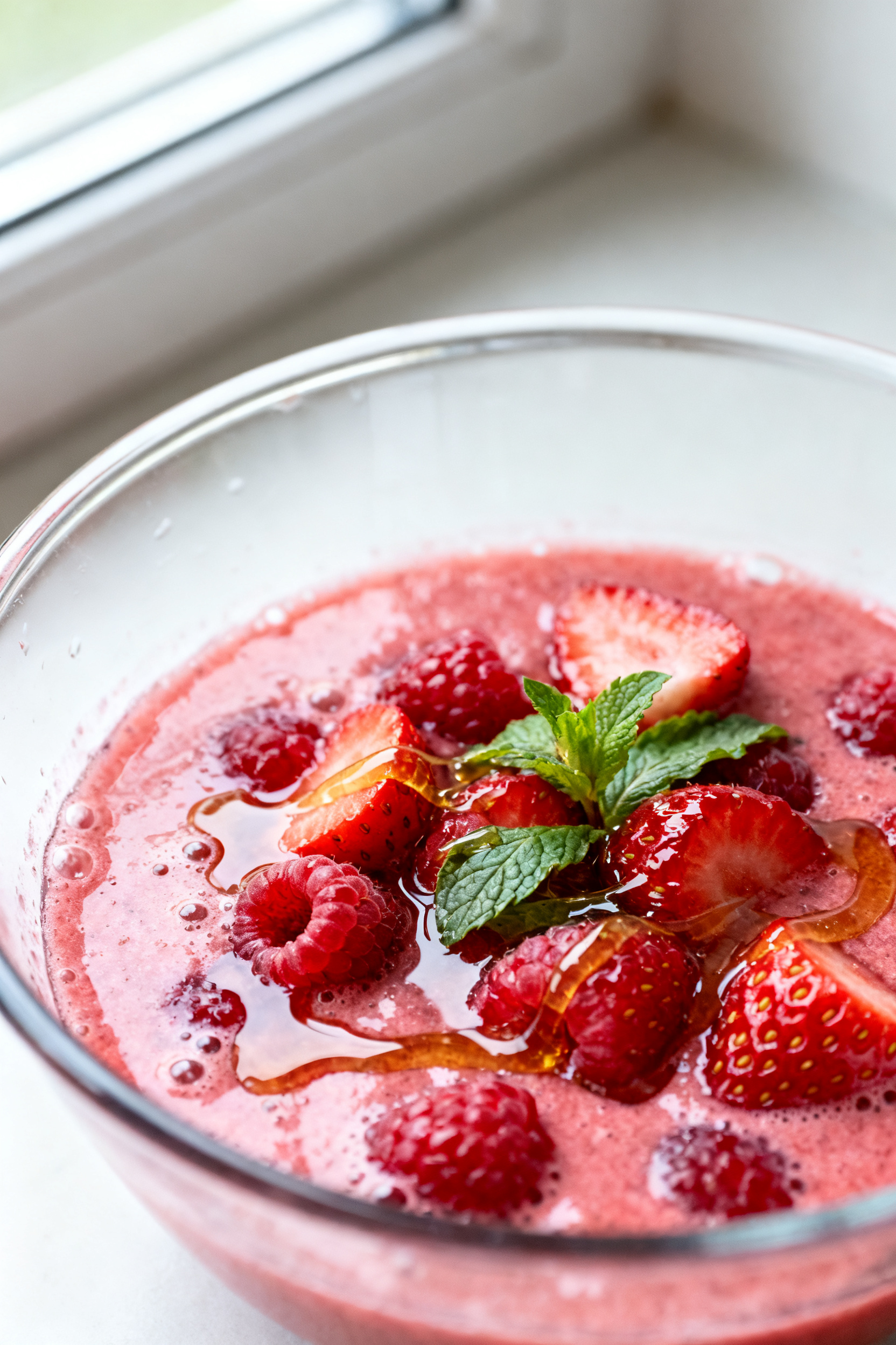 Close-up detail: Freshly muddled strawberry-raspberry base in a clear mixing bowl, glistening berry 