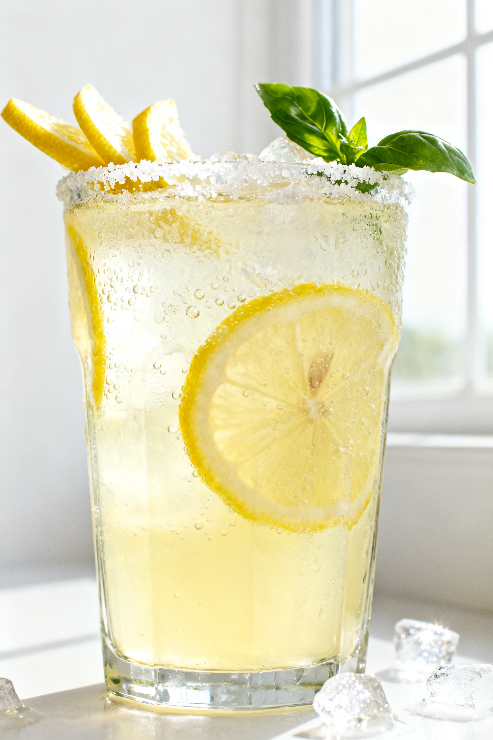 Summer Drinks — Refreshing Summer Drinks Everyone Needs - Easy, Bright, and Cooling Sips Close-up detail: Frosty glass of classic lemonade just after mixing the cooled simple syrup into the