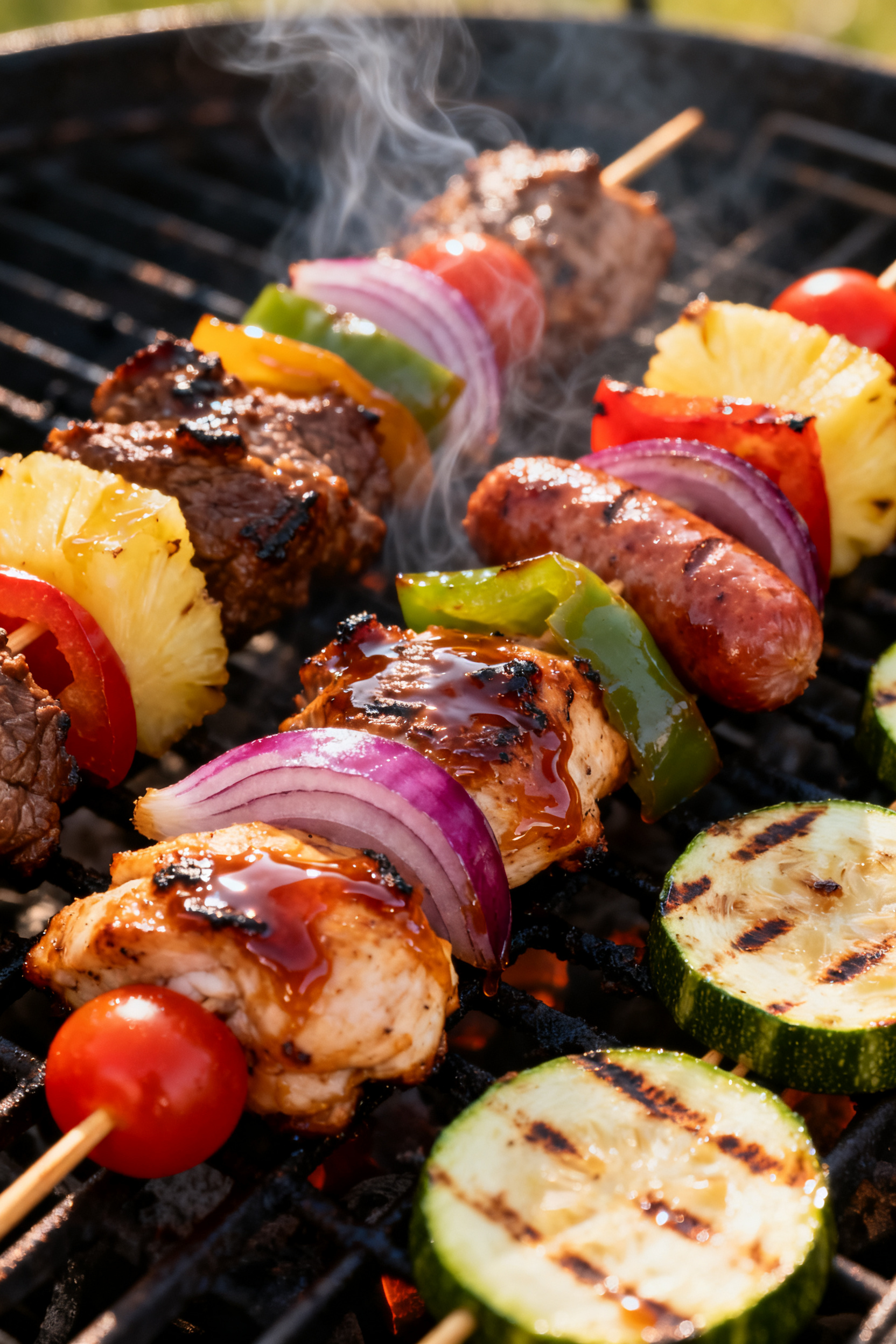 Close-up detail: Glazed leftover meat and veggie skewers sizzling on a hot grill, showing glossy hon