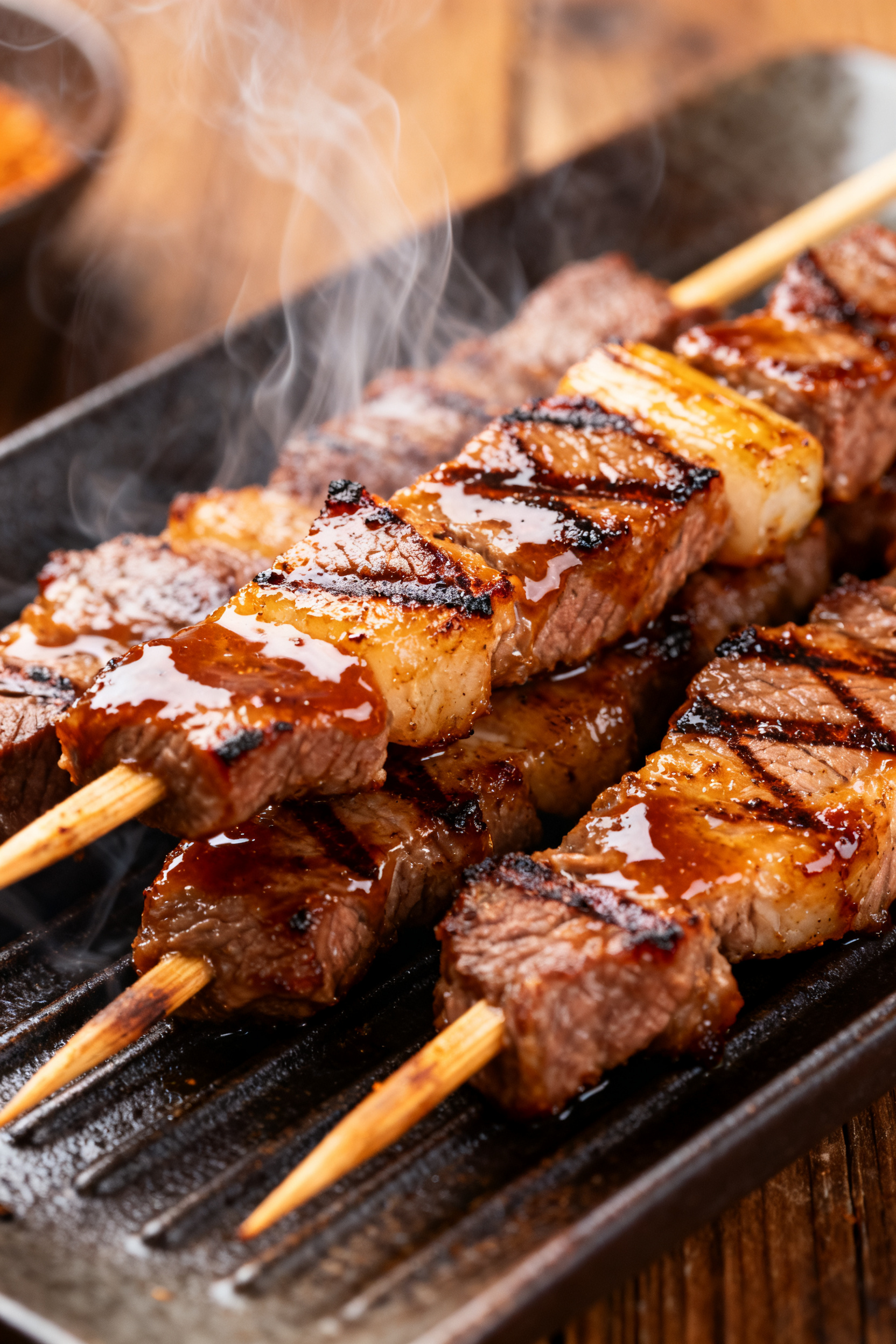 Close-up detail: Glazed steak kabobs sizzling on a hot grill at medium-high heat, deep grill marks o