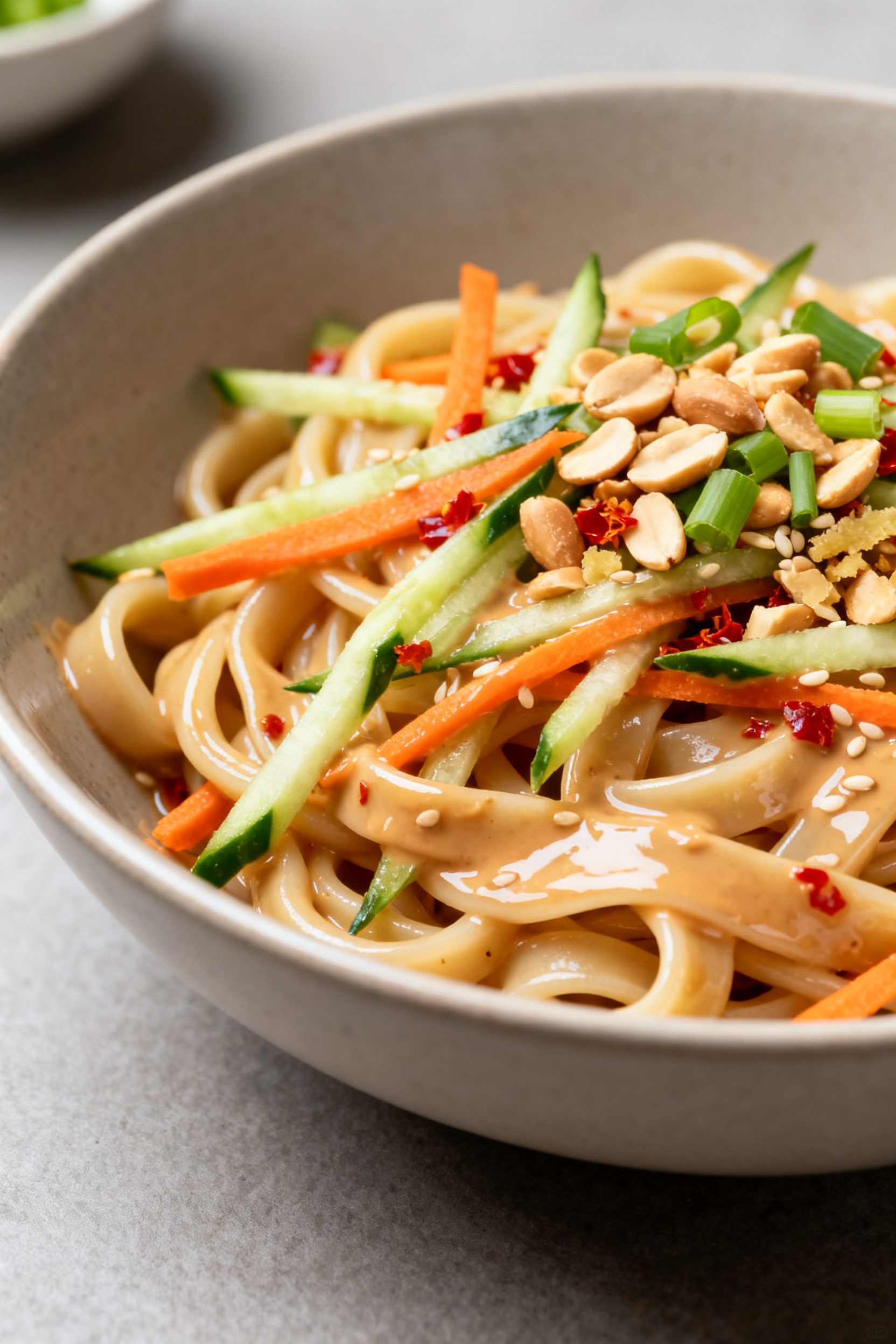 Cold Noodles That Actually Fill You Up → Summer Dinner Recipes — Cold Noodles That Fill You Up Close-up detail: Glossy cold wheat noodles (udon/lo mein) just tossed in a silky sesame-peanut dress