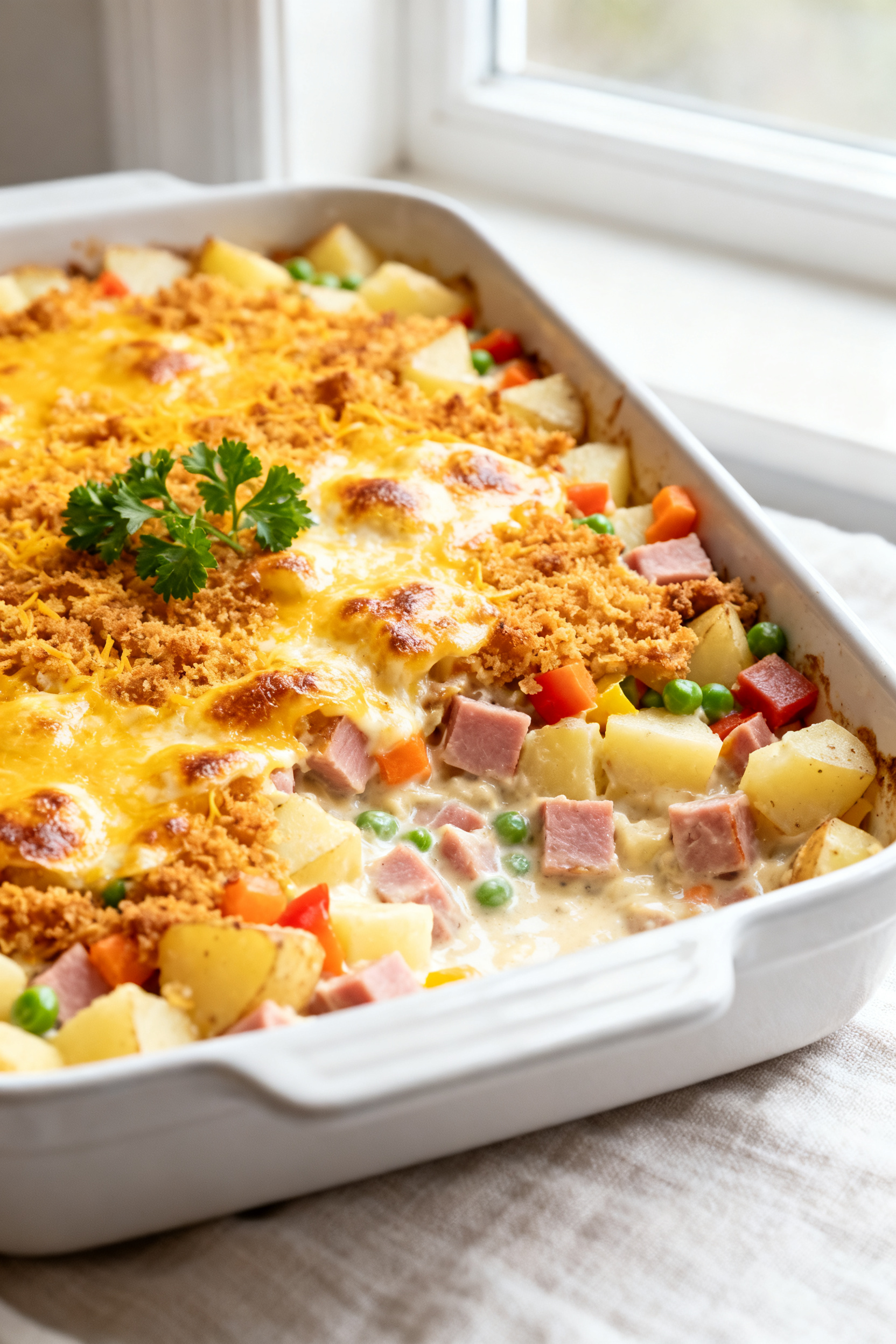 Why Is Every Family Making These Leftover Ham Recipes? - Easy, Comforting Ways to Use Extra Ham Close-up detail: Golden, bubbly ham and potato casserole just out of the oven, with browned cheddar