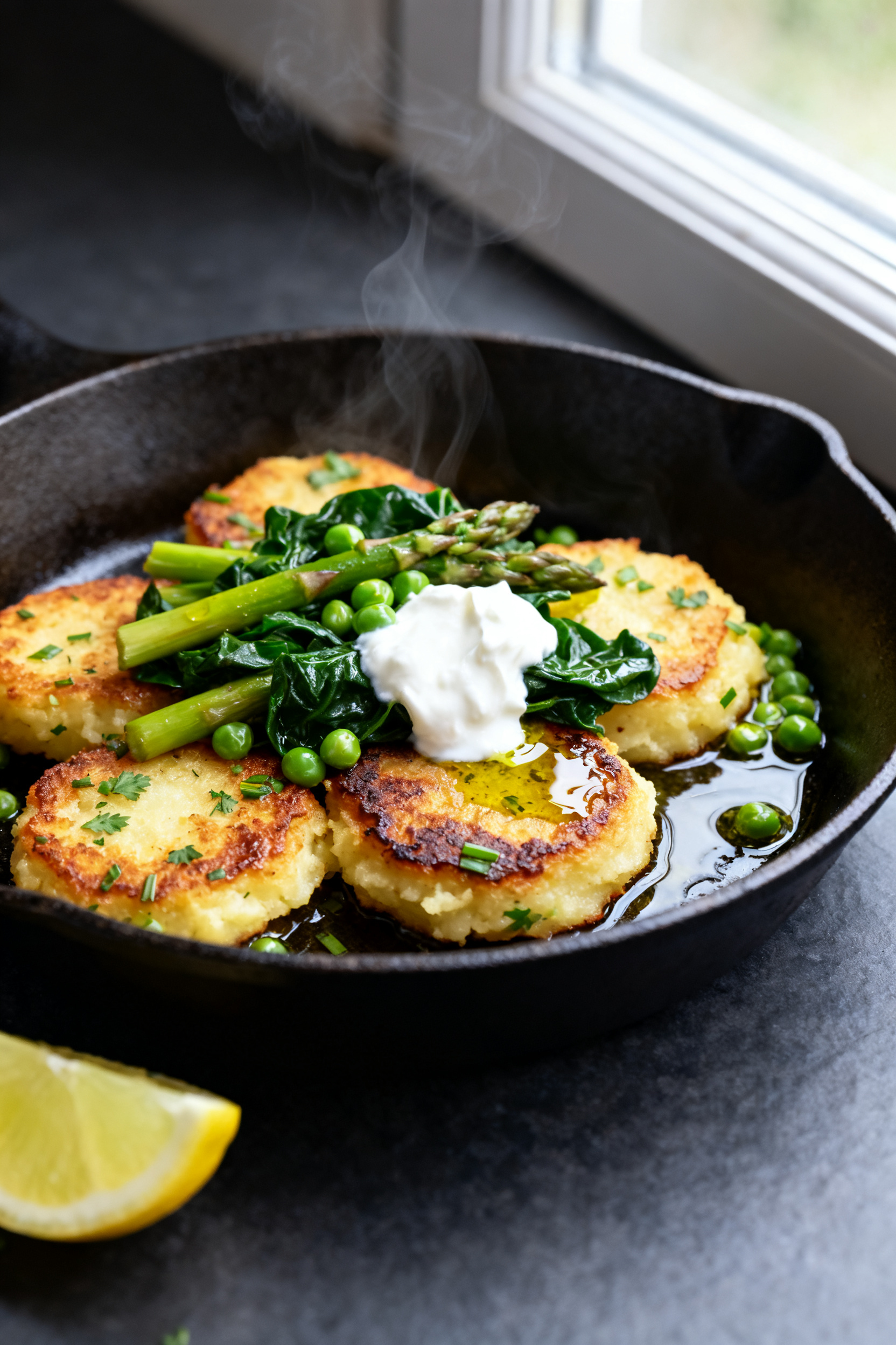 Close-up detail: Golden-crisp mashed potato cakes sizzling in a skillet, deeply caramelized edges wi
