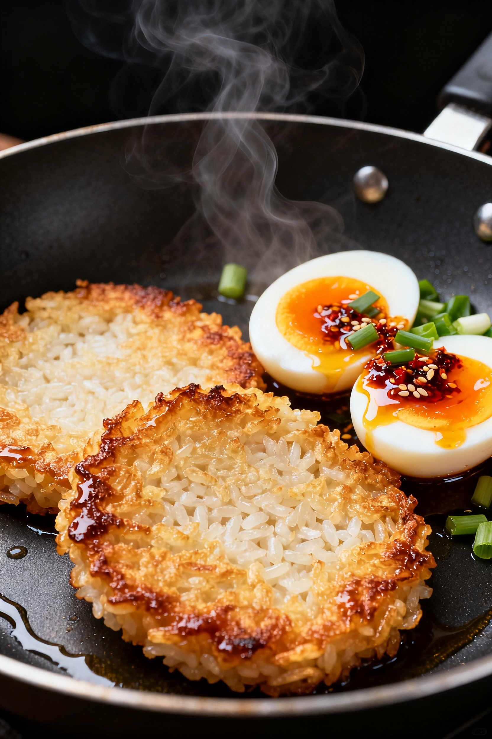Close-up detail: Golden crispy rice cakes searing in a nonstick skillet, edges deeply caramelized an
