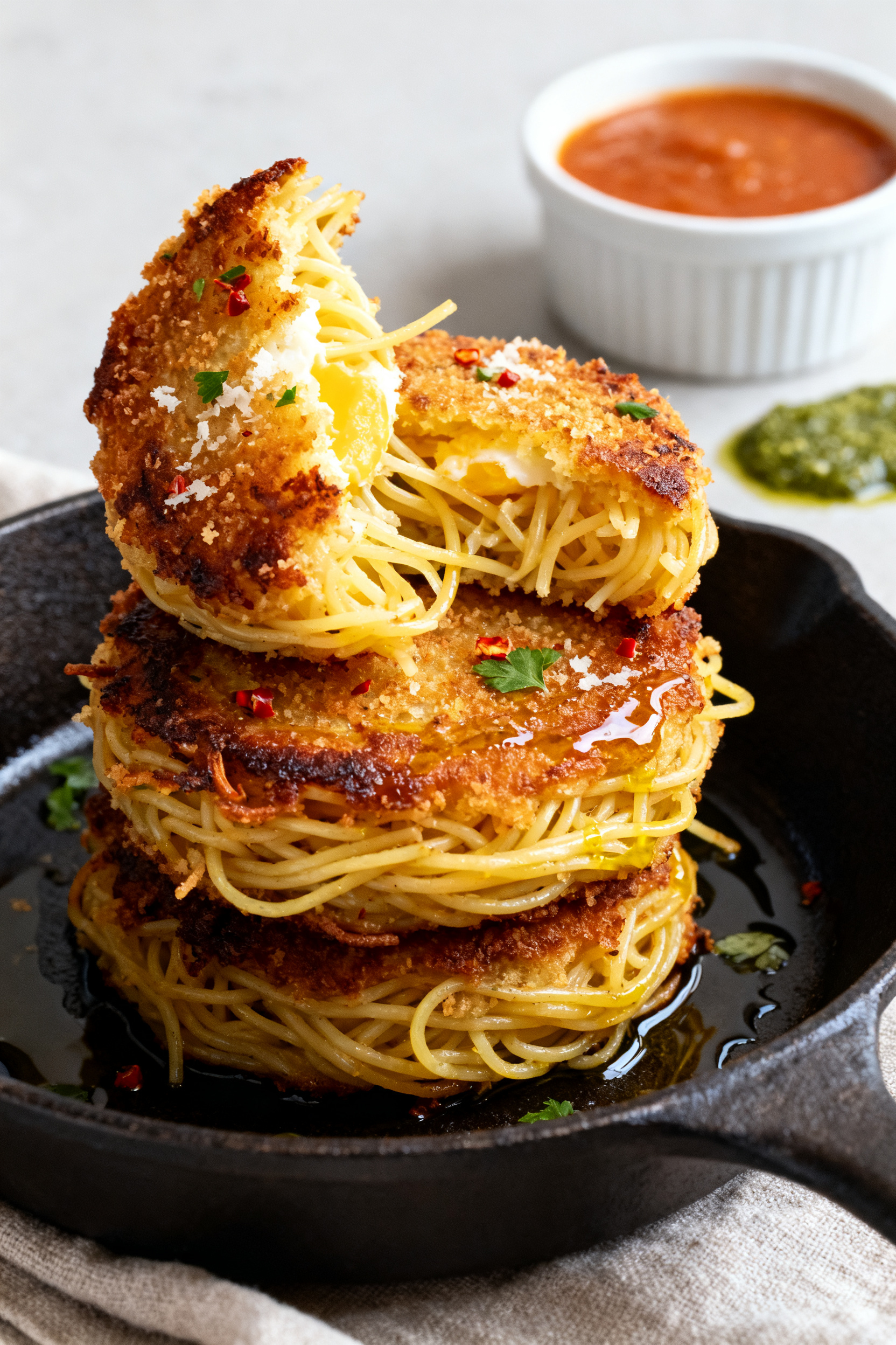Pasta Night Just Got More Interesting → "Leftover Spaghetti Ideas — Pasta Night Just Got Better" - Easy Ways to Reinvent Last Night’s Noodles Close-up detail: Golden, crispy spaghetti cakes just out of the skillet, stacked slightly with one c