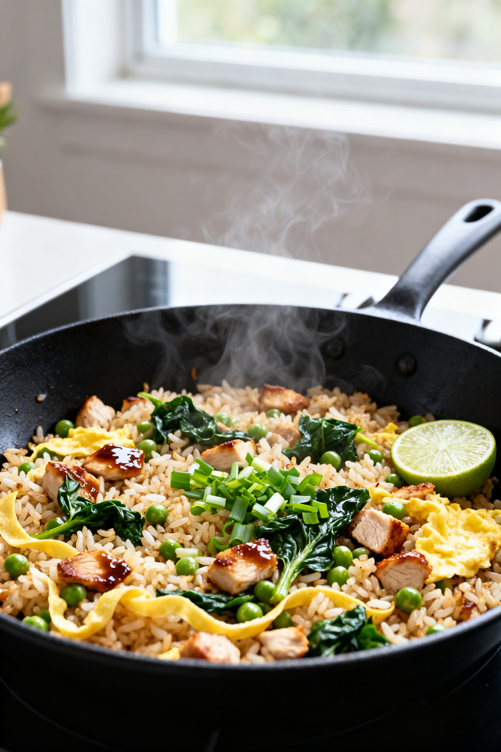 Close-up detail: Golden, sizzling skillet fried rice mid-cook—cold leftover rice grains just crisp