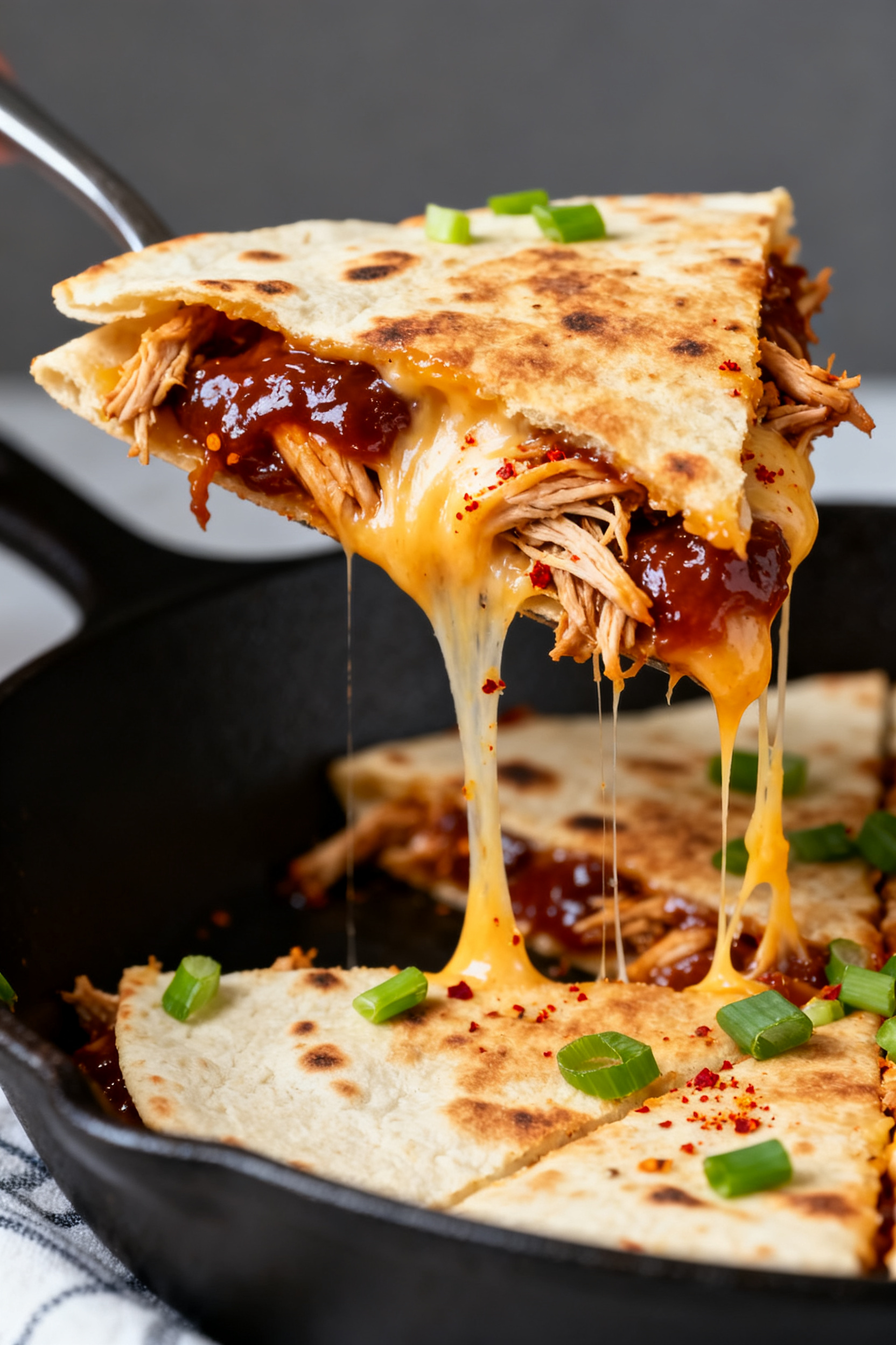 Close-up detail: Gooey, golden-brown BBQ chicken quesadilla slice being lifted from a skillet, chees