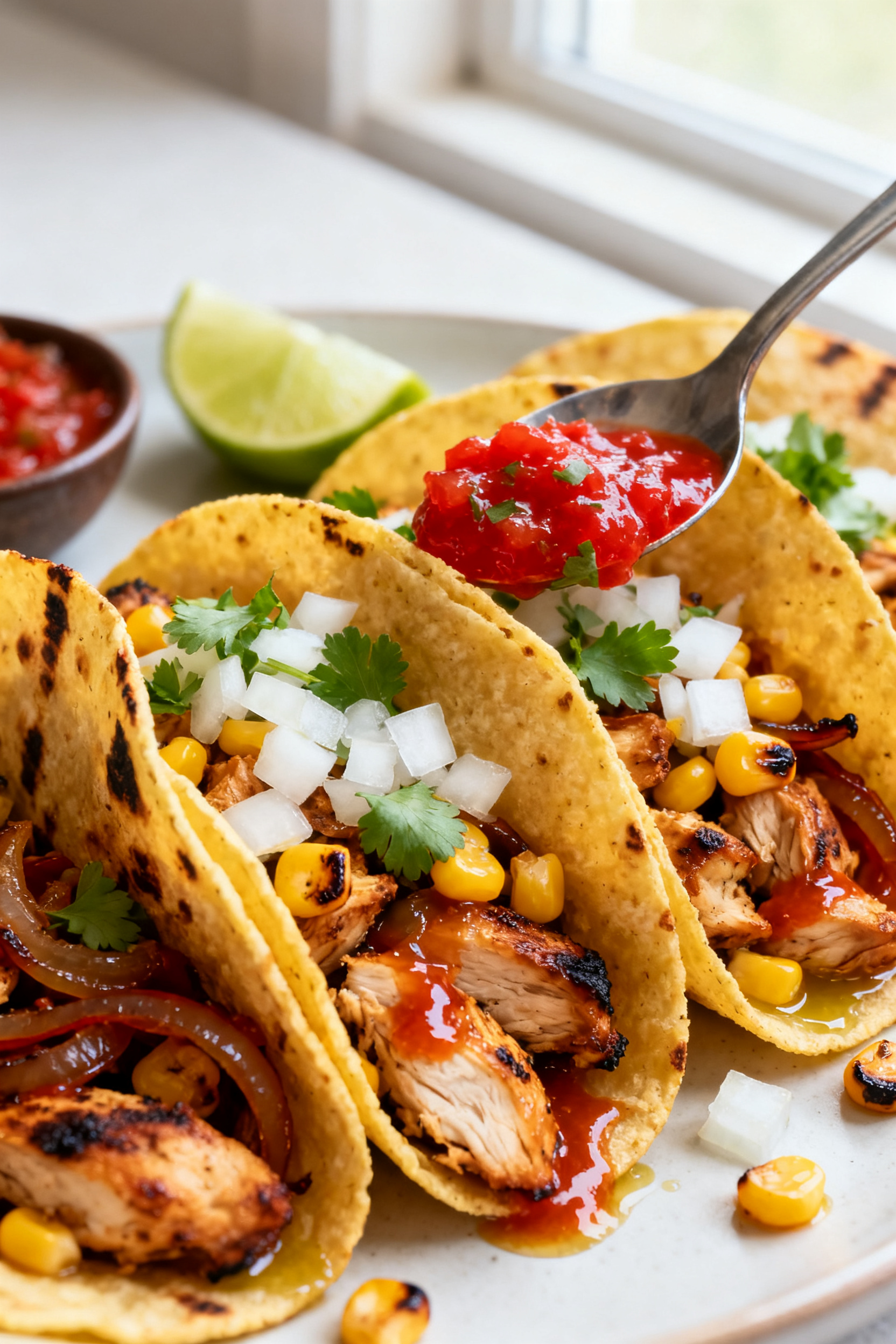 Close-up detail: Grilled Chicken Street Tacos just after assembly, warm charred corn tortillas folde