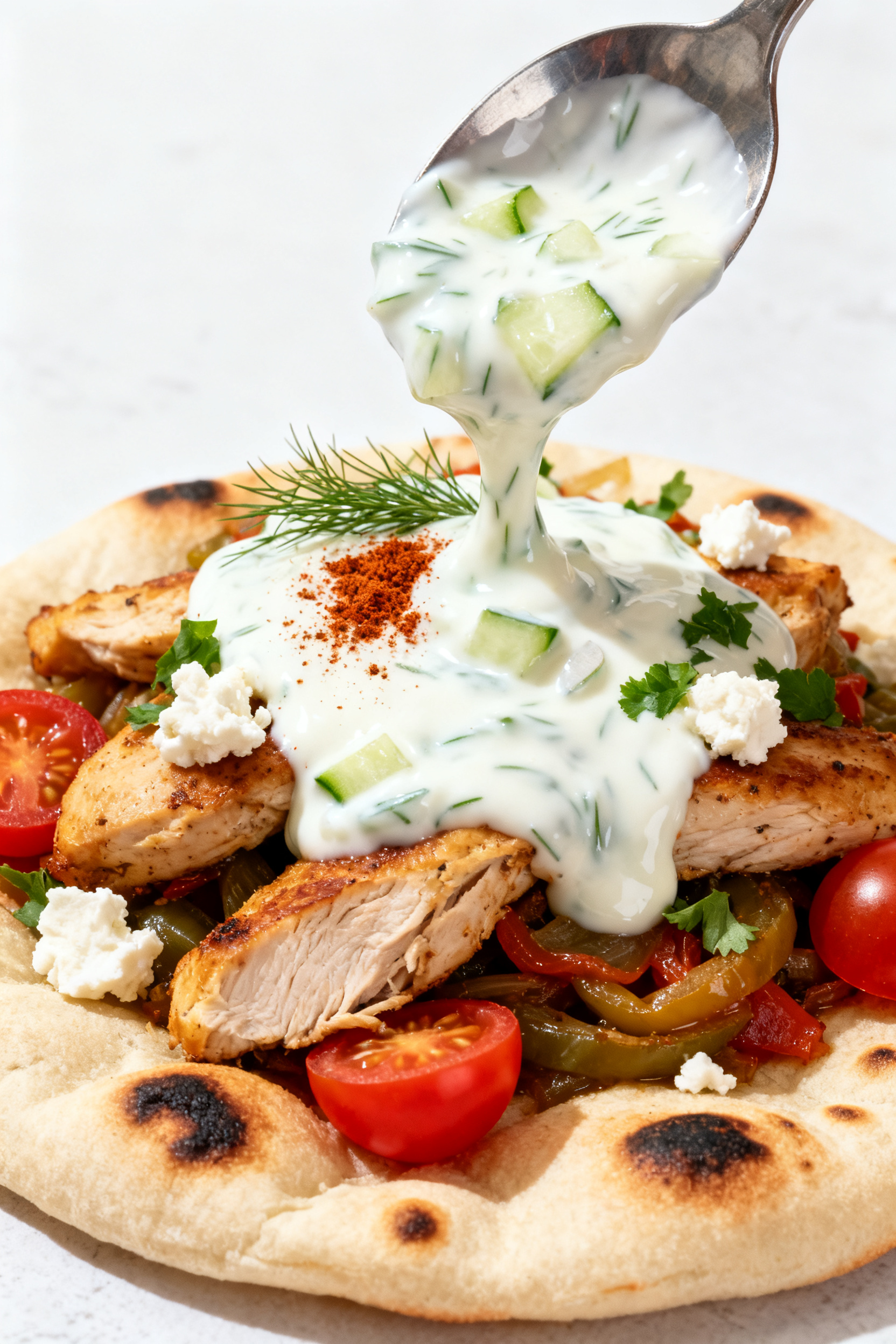 Close-up detail — Herby yogurt sauce spoon-over: Ultra-close shot of a warm, soft pita piled with 