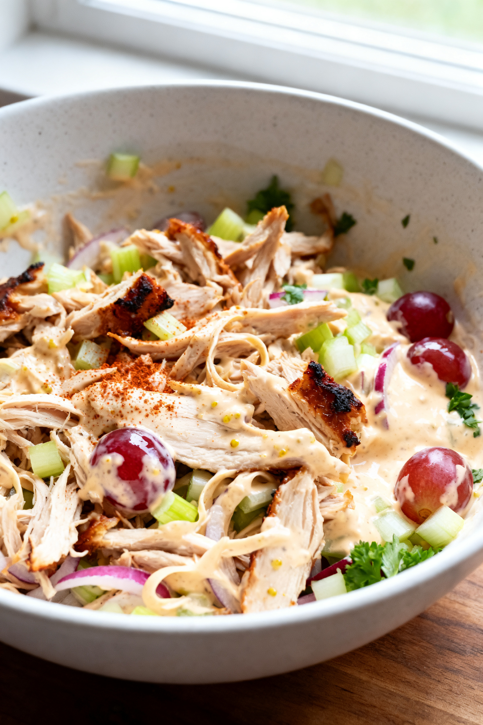 Summer BBQ Chicken Recipes — Leftover Chicken Salad on Repeat - A Fresh, Easy Favorite Close-up detail: Juicy chopped leftover BBQ chicken being folded into a creamy dressing in a wide, m