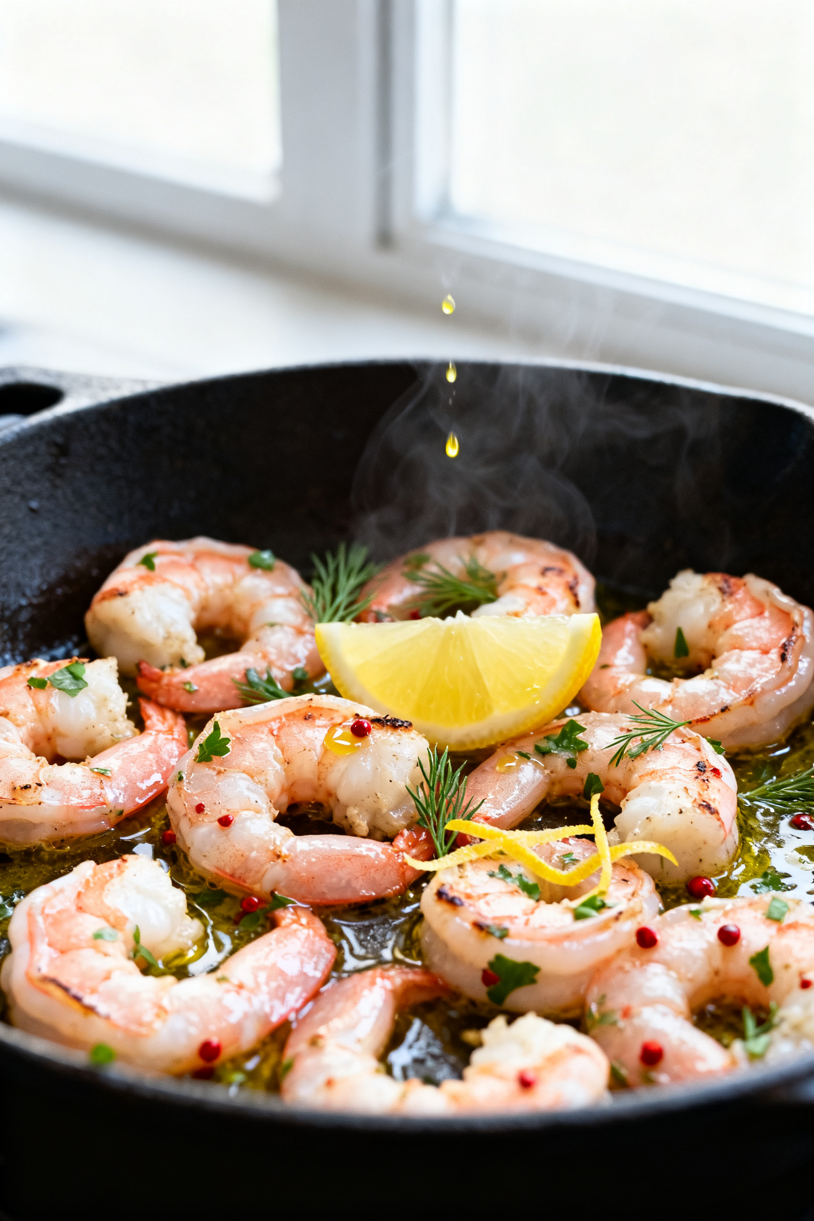 Close-up detail: Just-cooked lemon-herb shrimp glistening with olive oil on a dark skillet, curled p