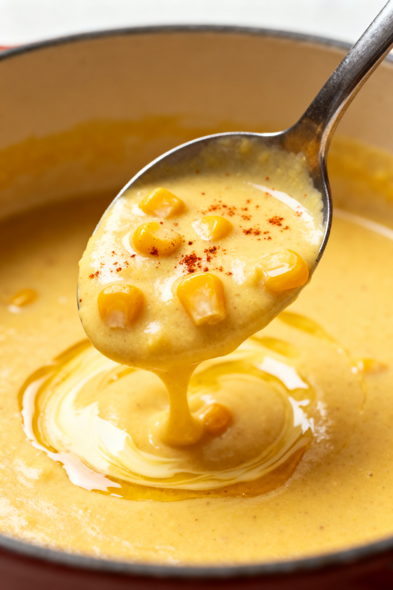 Close-up detail — Ladle lifting silky blended grilled-corn soup from a pot, showing creamy texture