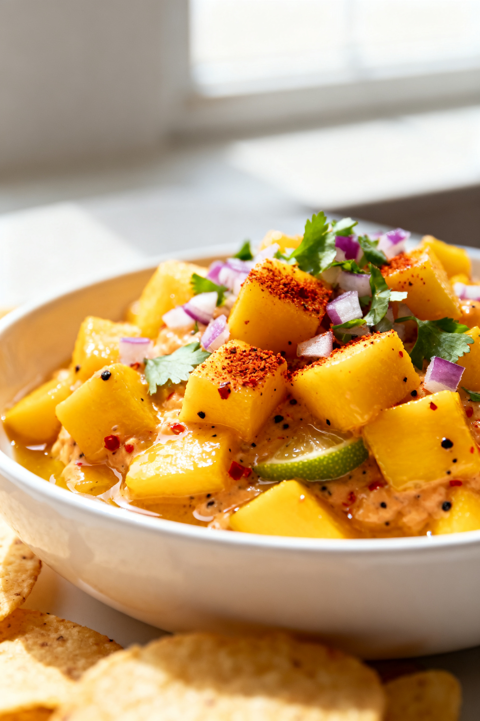 Close-up detail: Mango Chili Lime Dip already mixed and glistening in a shallow white bowl, juicy ma