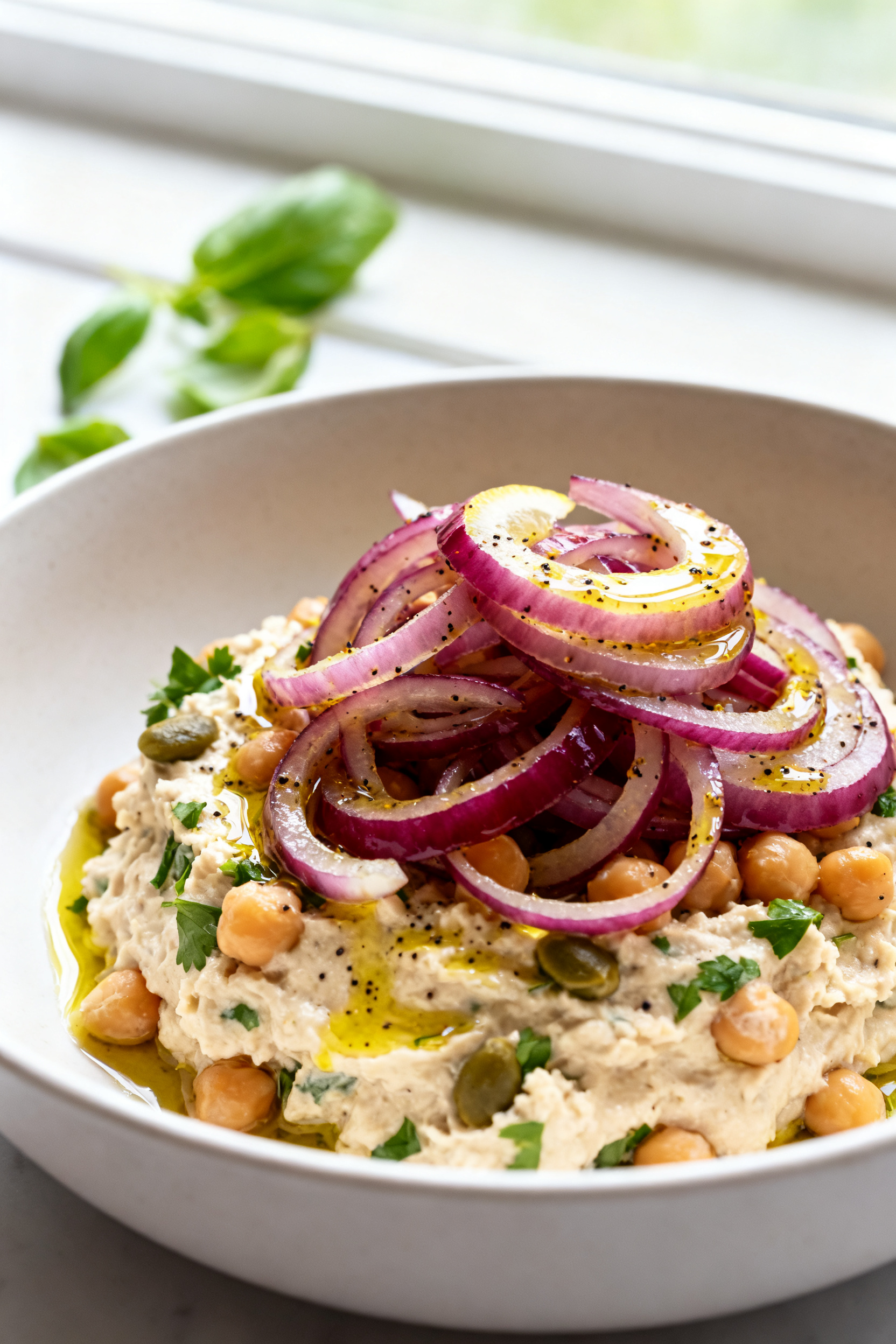Close-up detail: Marinated red onions and shallots glistening with lemon-Dijon dressing, tangled ove