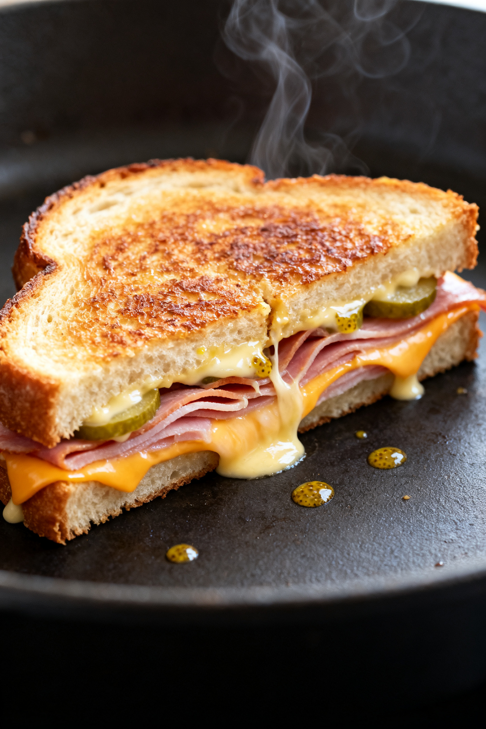 Grilled Cheese Just Got an Upgrade → "Leftover Ham Recipes — Grilled Cheese Just Got Upgraded" - A Comfort Classic With a Savory Twist Close-up detail: Melty ham and cheese grilled cheese mid-cook on a skillet, bread showing deep golde