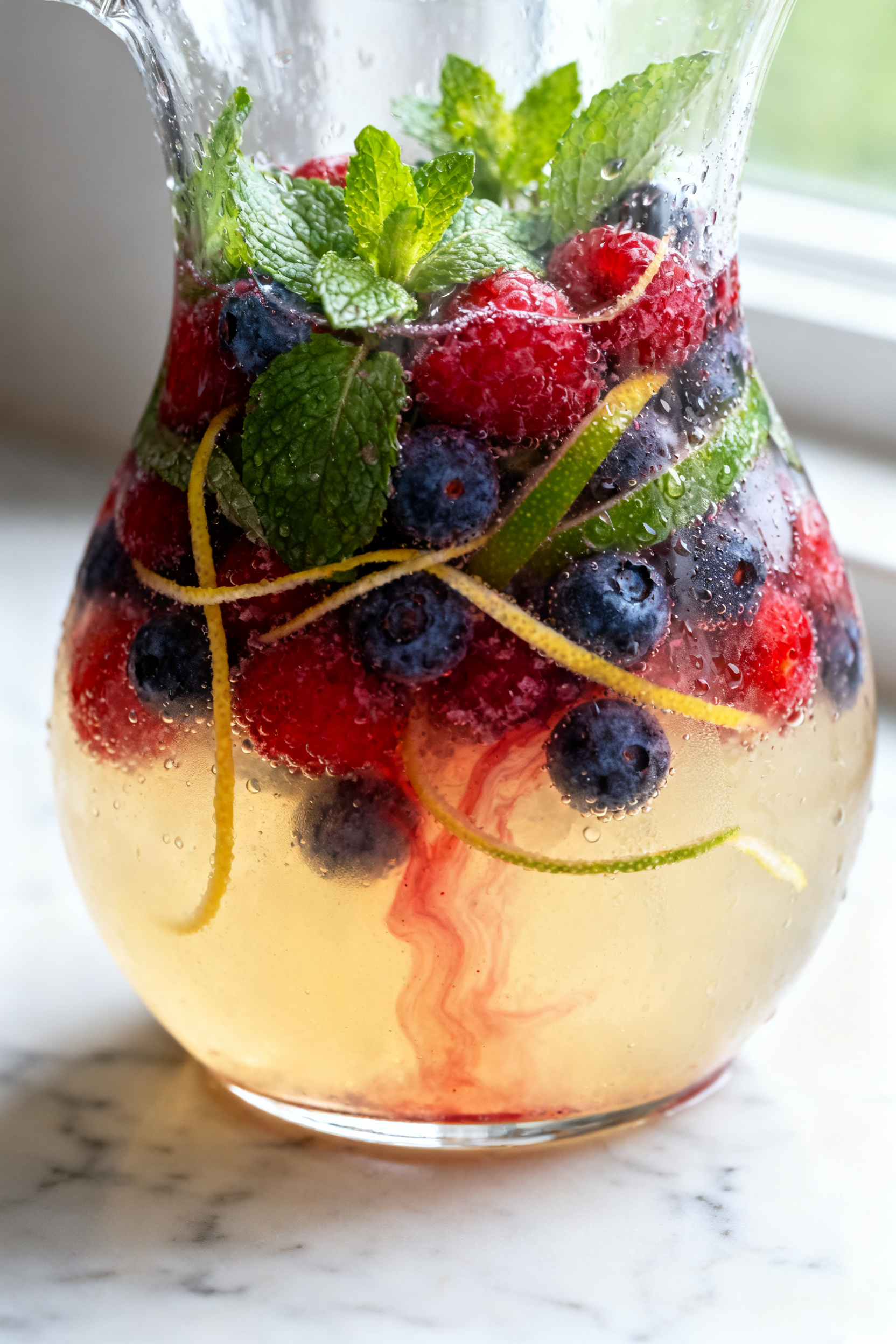 Summer Drinks Nonalcoholic — Best Non Alcoholic Summer Drink Close-up detail: Muddled mint and mixed berries in a glass pitcher base, glistening with citrus juic