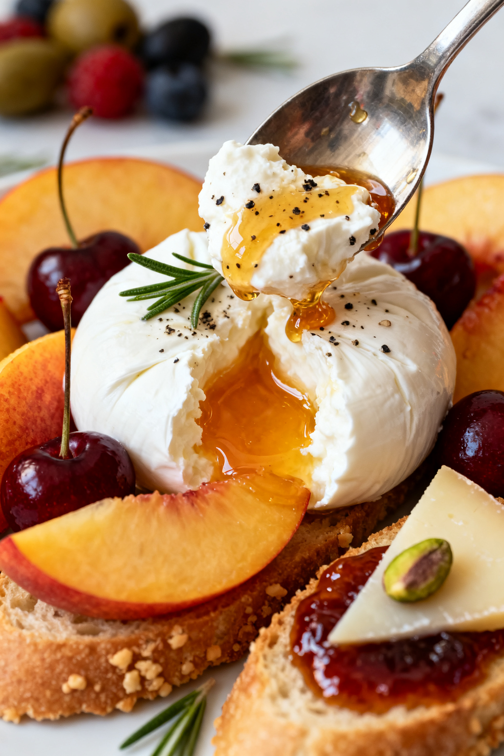 Close-up detail of creamy soft cheeses and sweet-savory pairings: a spoon-torn mound of goat cheese 