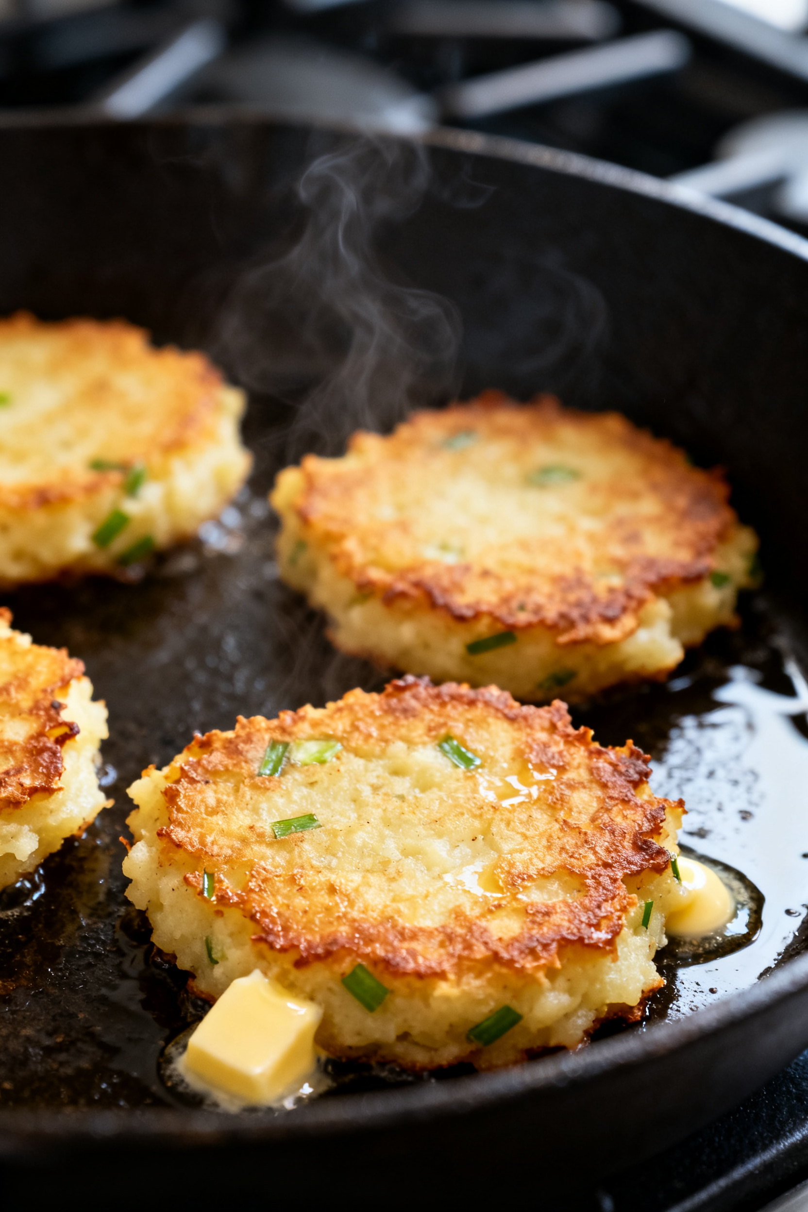 Close-up detail of golden-brown mashed potato cakes sizzling in a cast-iron skillet during pan-fryin