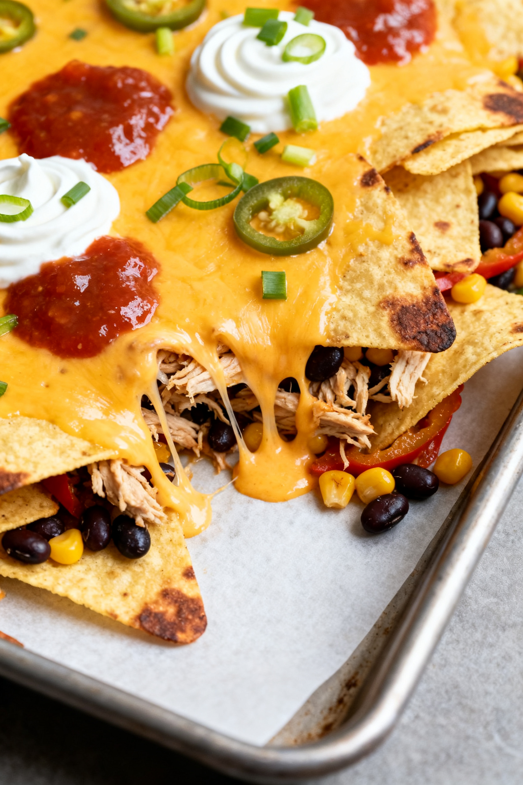 Quick Leftover Meal Ideas - Simple, Smart Ways to Use What You Have Close-up detail of Sheet-Pan Nachos just out of the oven: bubbling melted cheddar-jack cheese stretc