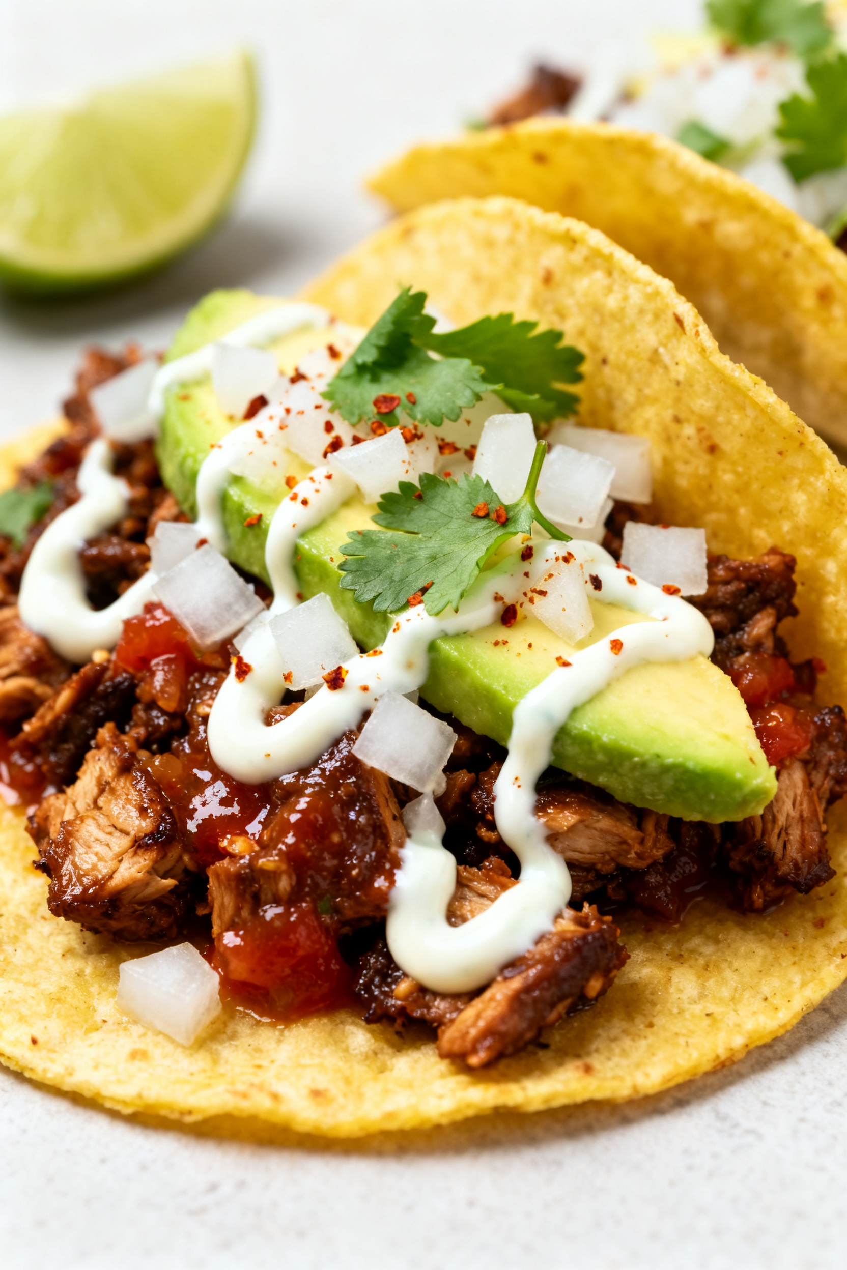 Close-up detail of street-style chicken tacos: warm corn tortillas folded with chopped dark meat tos