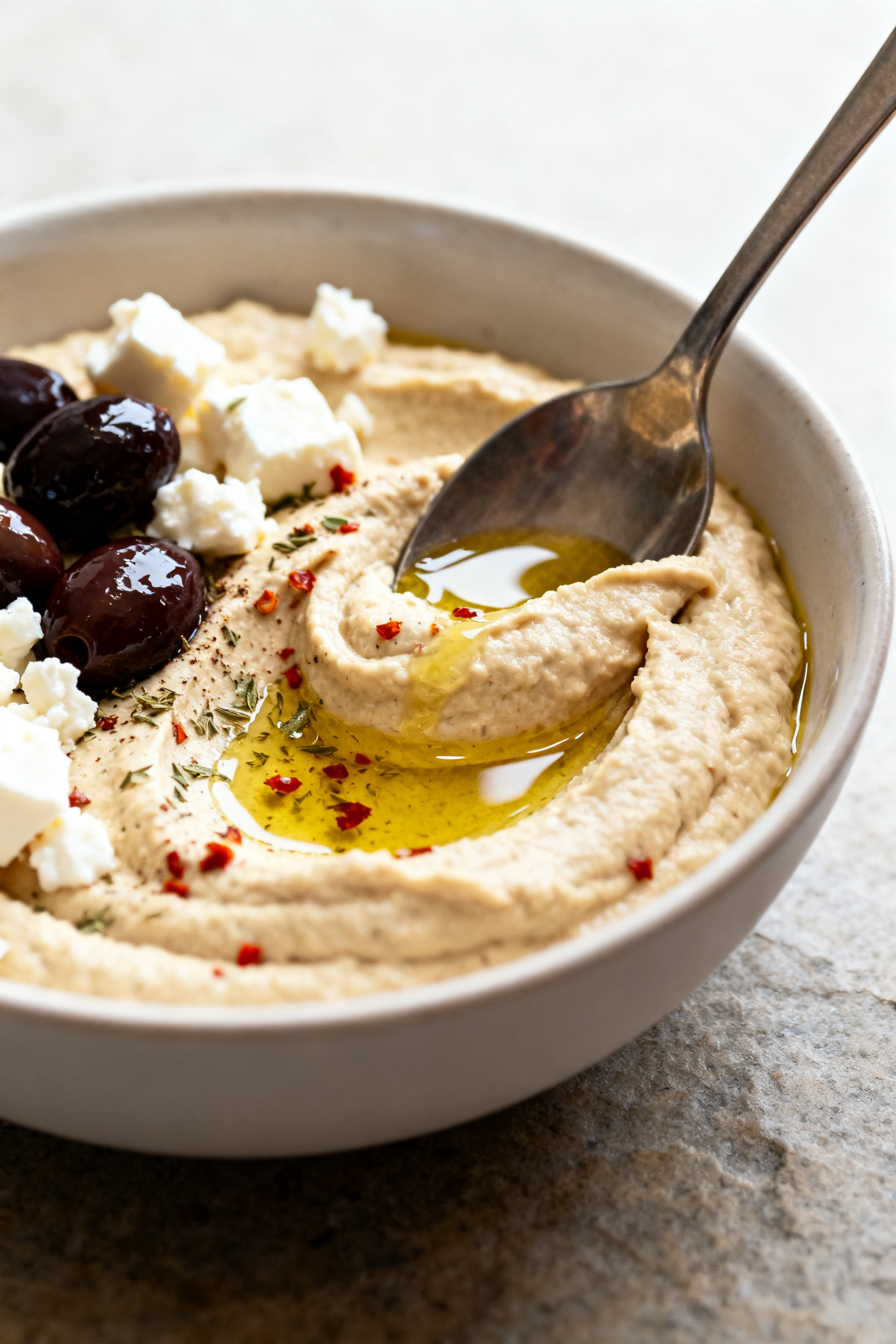 Close-up detail of the creamy elements: a spoon carving a swoop through ultra-smooth hummus topped w
