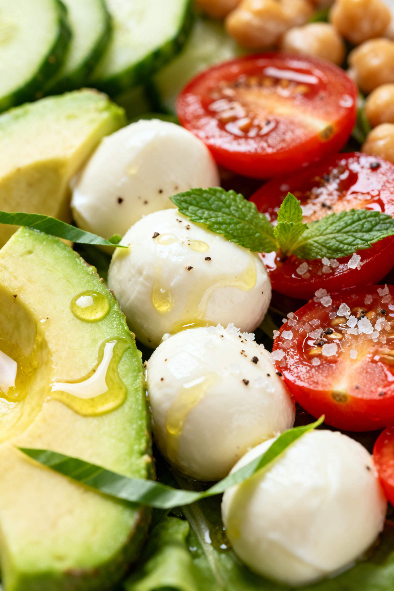 Close-up detail of the salad just after dressing: a shallow depth-of-field focus on creamy avocado s