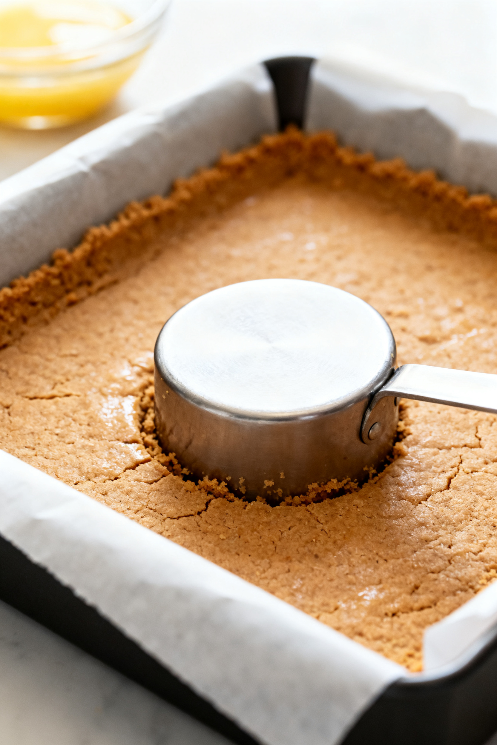 Close-up detail: Pressed graham cracker crust being compacted in a parchment-lined 8x8 pan with the 
