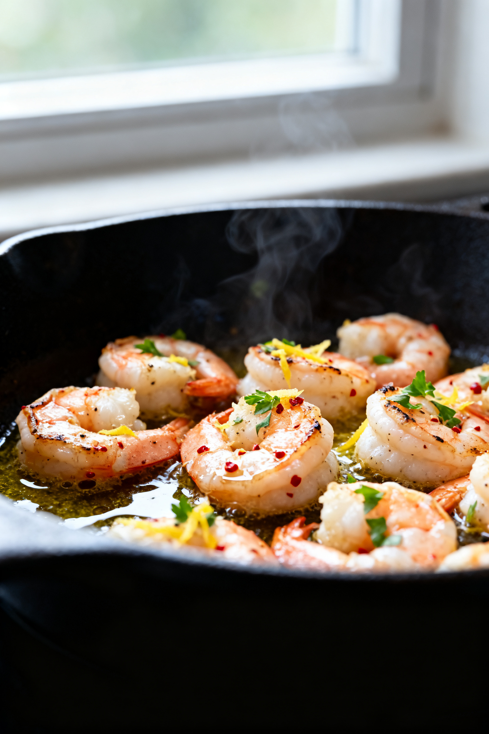 Close-up detail: Searing lemon-garlic shrimp in a hot skillet, shrimp just turned pink and opaque wi