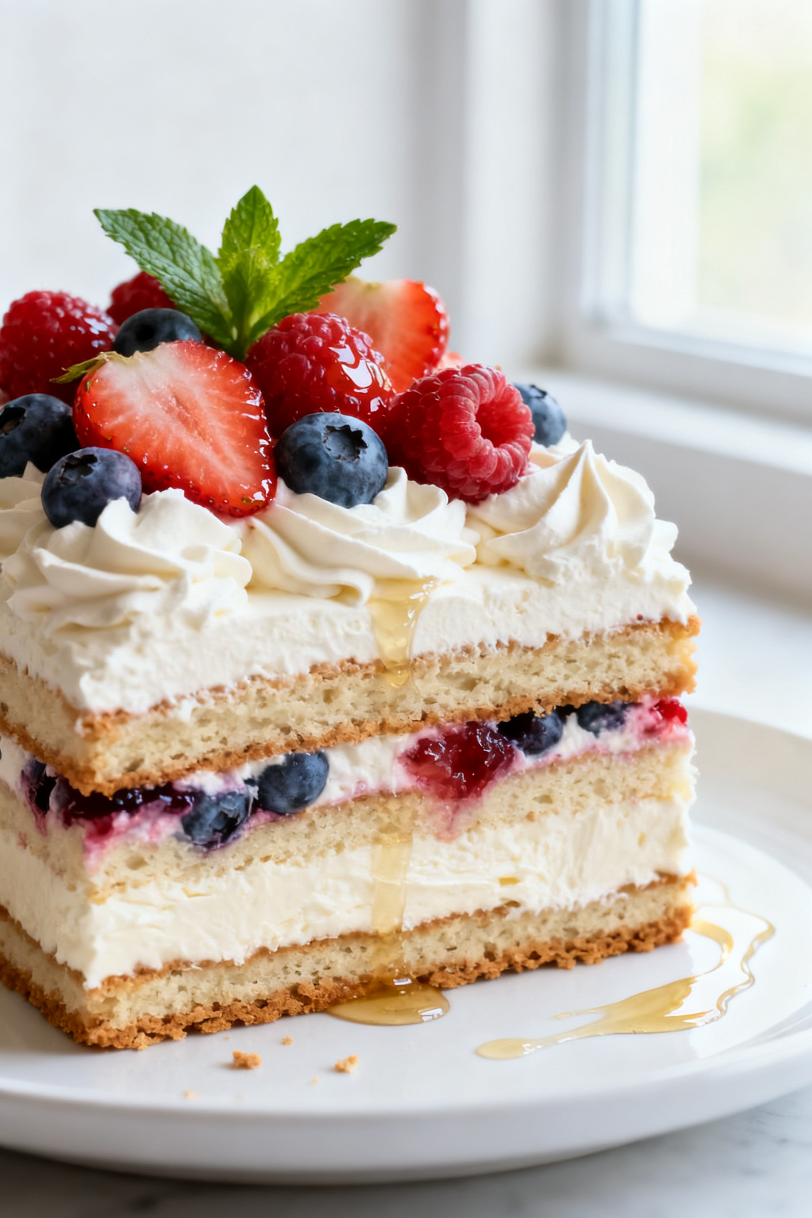 Close-up detail shot: A clean slice of creamy berry icebox cake just after chilling, showing distinc