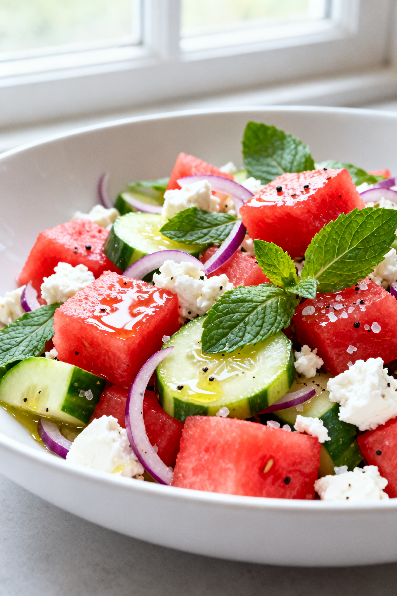 Easy Summer Recipes — No One Believes How Easy This Is - Fresh, Fast, and Foolproof Close-up detail shot: A freshly tossed Watermelon Feta Mint Salad glistening with olive oil and lime